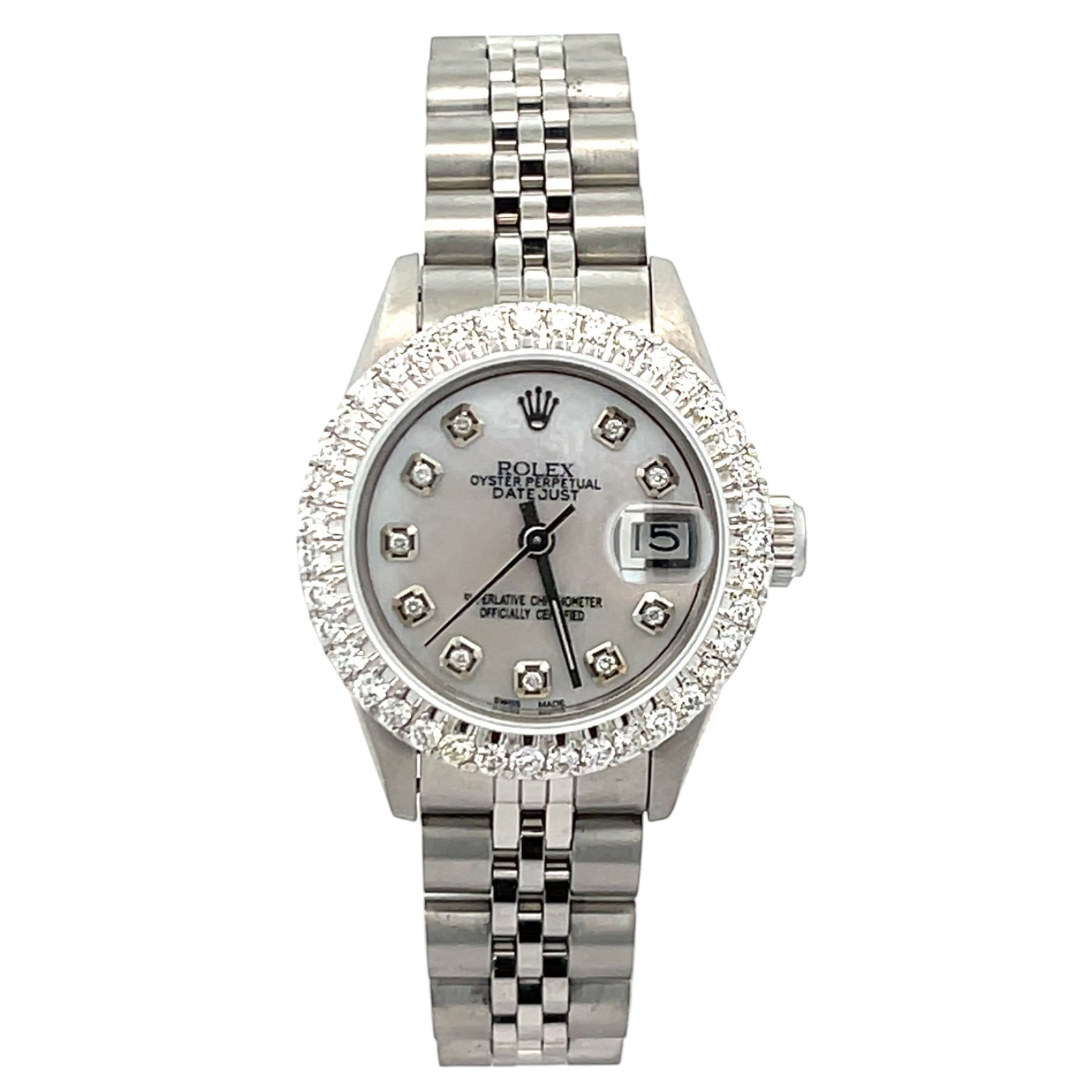 Rolex Datejust 69160 Stainless Steel Diamond Bezel MOP Diamond Dial: The Rolex Datejust, Reference 69160, is a radiant expression of timeless elegance. Crafted in durable stainless steel, this ladies' timepiece features a stunning mother-of-pearl dial adorned with diam