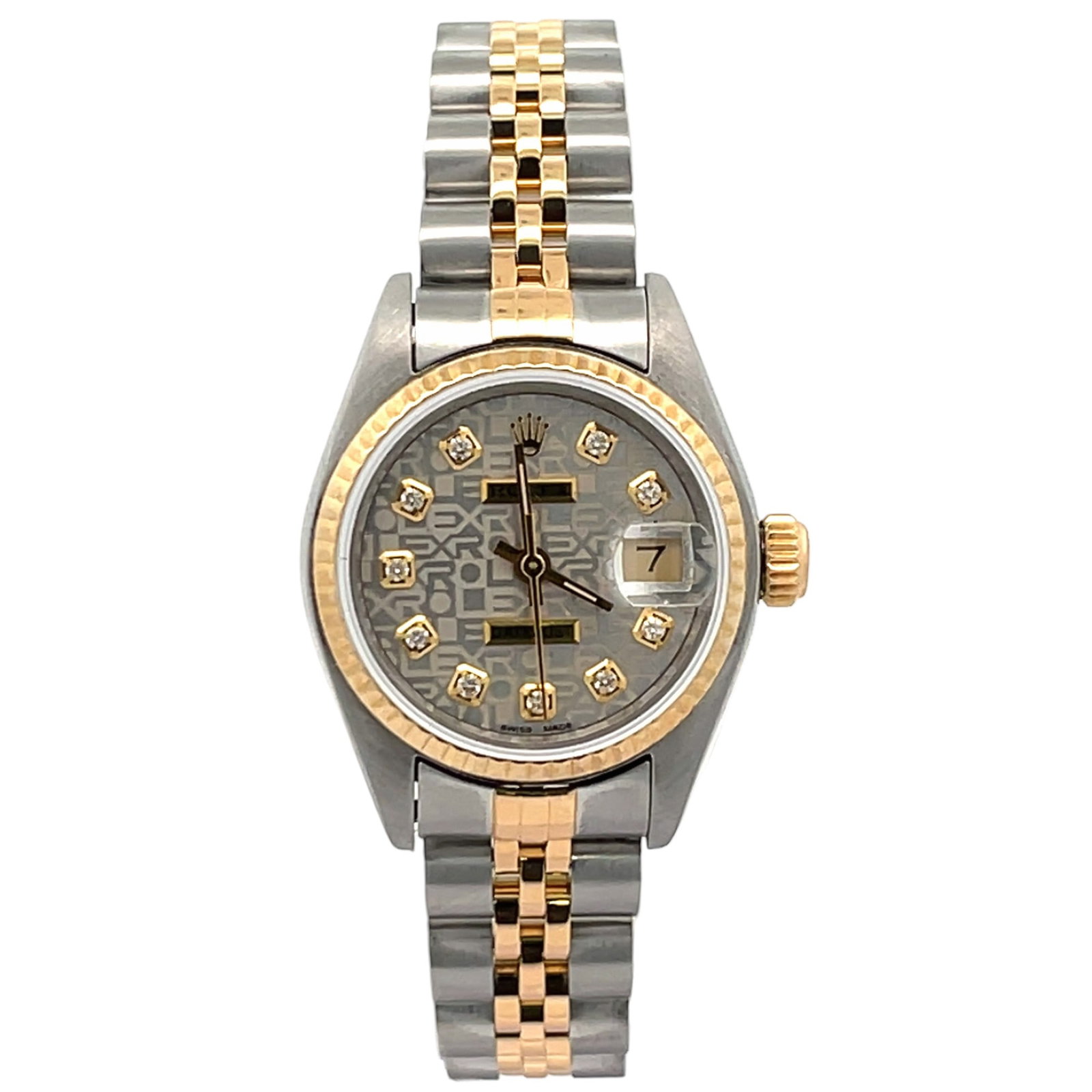 Rolex Lady-Datejust 69173 Two-Tone Silver Diamond Dial: The Rolex Lady-Datejust, Reference 69173, is a timeless expression of elegance. Crafted in Two-Tone?a harmonious blend of stainless steel and 18k yellow gold?this timepiece features a gorgeous Silver 