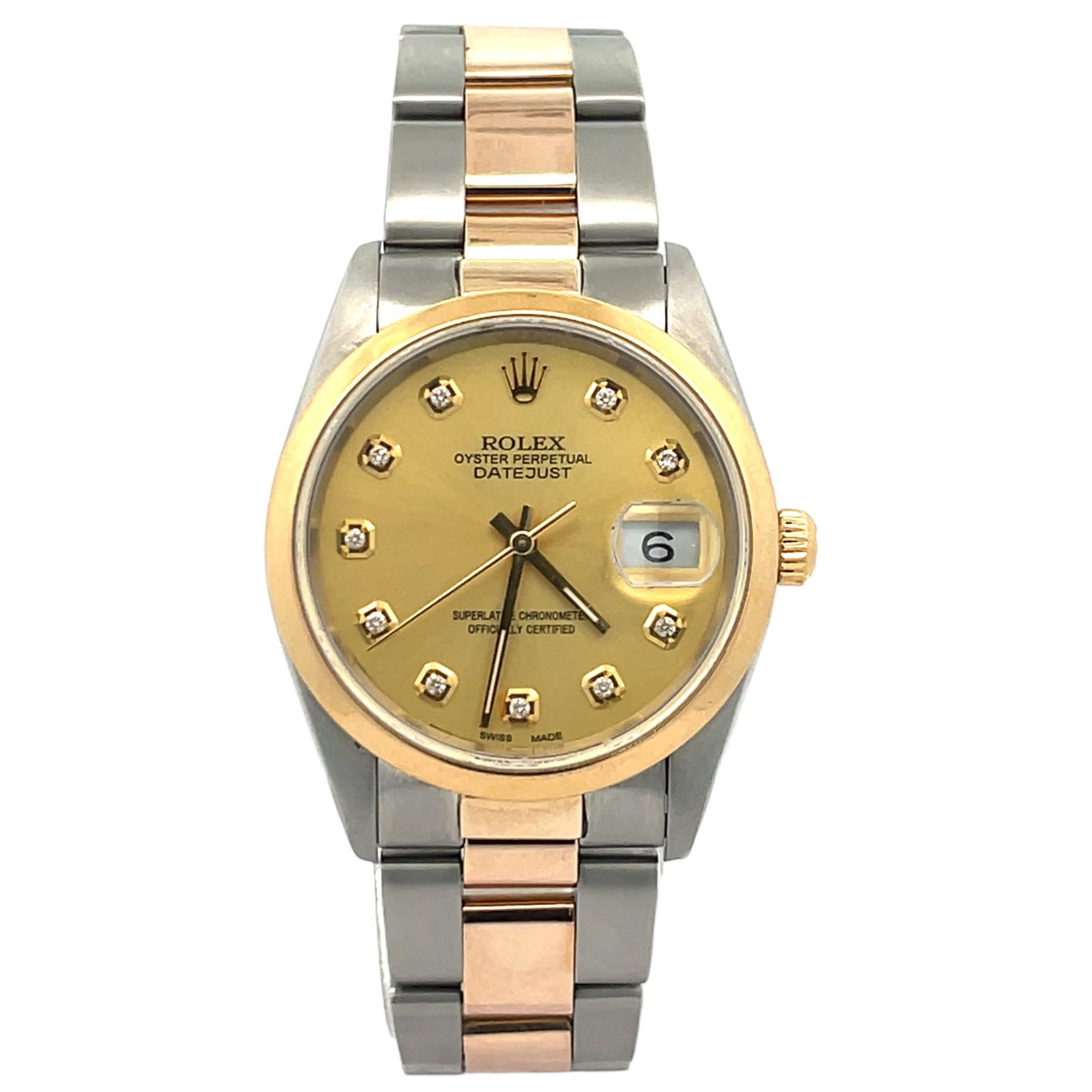 Rolex Oyster Perpetual Date 15223 Two-Tone Champagne Diamond Dial: The Rolex Oyster Perpetual Date, Reference 15223, is a timeless blend of elegance and everyday luxury. Crafted from 904L stainless steel and solid 18k yellow gold, this timepiece features a stunning C