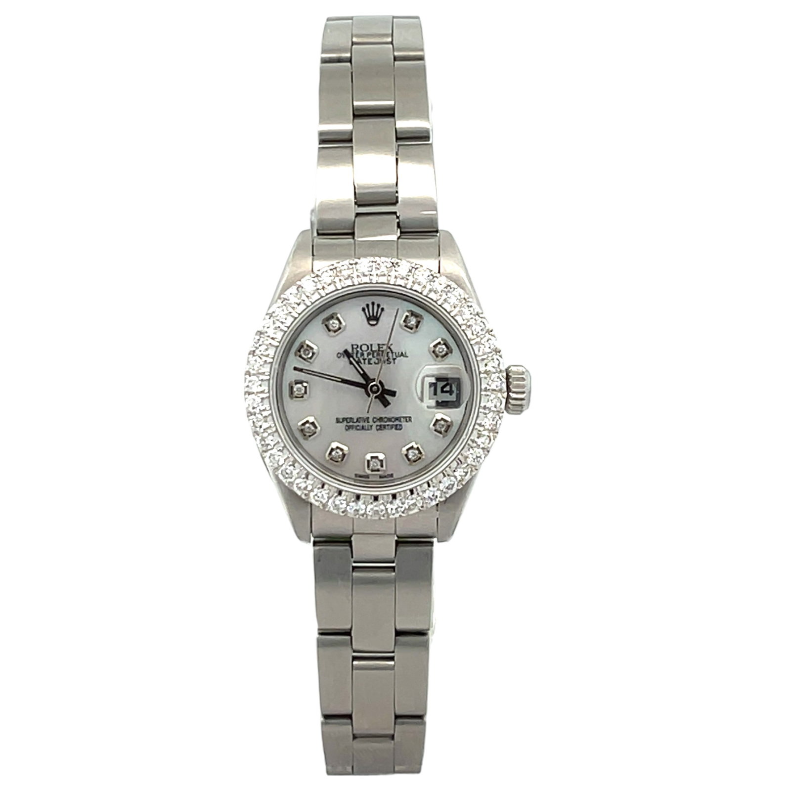 Rolex Oyster Perpetual Lady Date 79240 Stainless Steel MOP Diamond Dial: The Rolex Oyster Perpetual Lady Date, Reference 79240, is an exquisite expression of feminine elegance. Crafted in stainless steel, this timepiece features a luminous mother-of-pearl dial accented