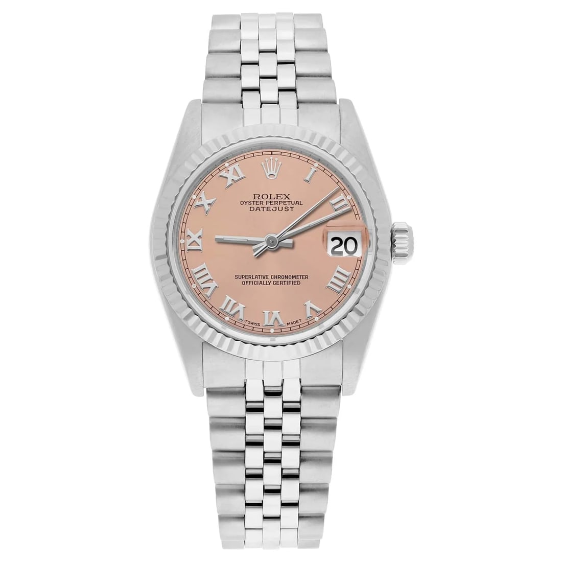 Rolex Datejust 36mm 16220 Steel Salmon Roman Dial: The Rolex Datejust, Reference 16220, is a highly sought-after all-steel model celebrated for its distinctive engine-turned bezel with alternating polished and textured segments. Housed in a robust sta