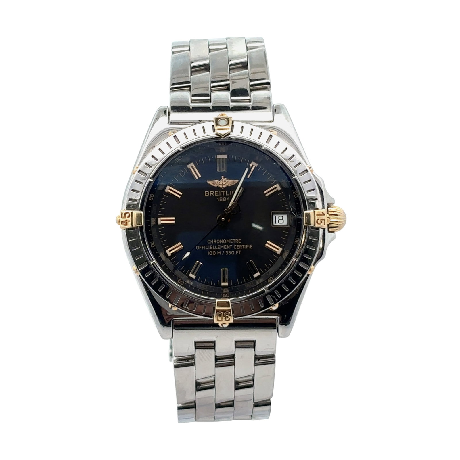 Breitling Windrider B10350 Steel & 18K Yellow Gold Black Dial: The Breitling Windrider, Reference B10350, is a sophisticated blend of robust engineering and refined aesthetics. Crafted from a harmonious combination of stainless steel and 18K yellow gold, this tim