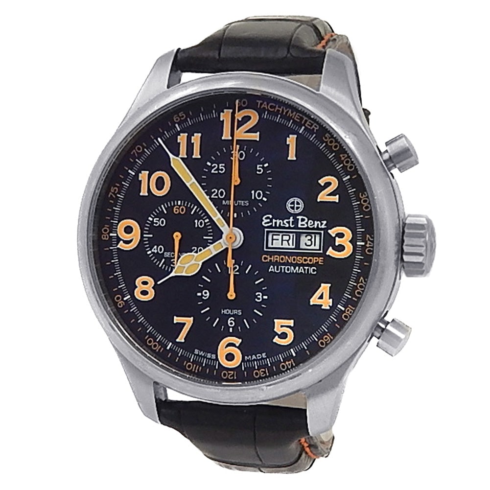 Ernst Benz Chronoscope 10100 Stainless Steel Black Dial: The Ernst Benz Chronoscope, Reference 10100, is a commanding presence on the wrist, masterfully blending vintage aviation inspiration with modern precision. Crafted with a robust stainless steel case,