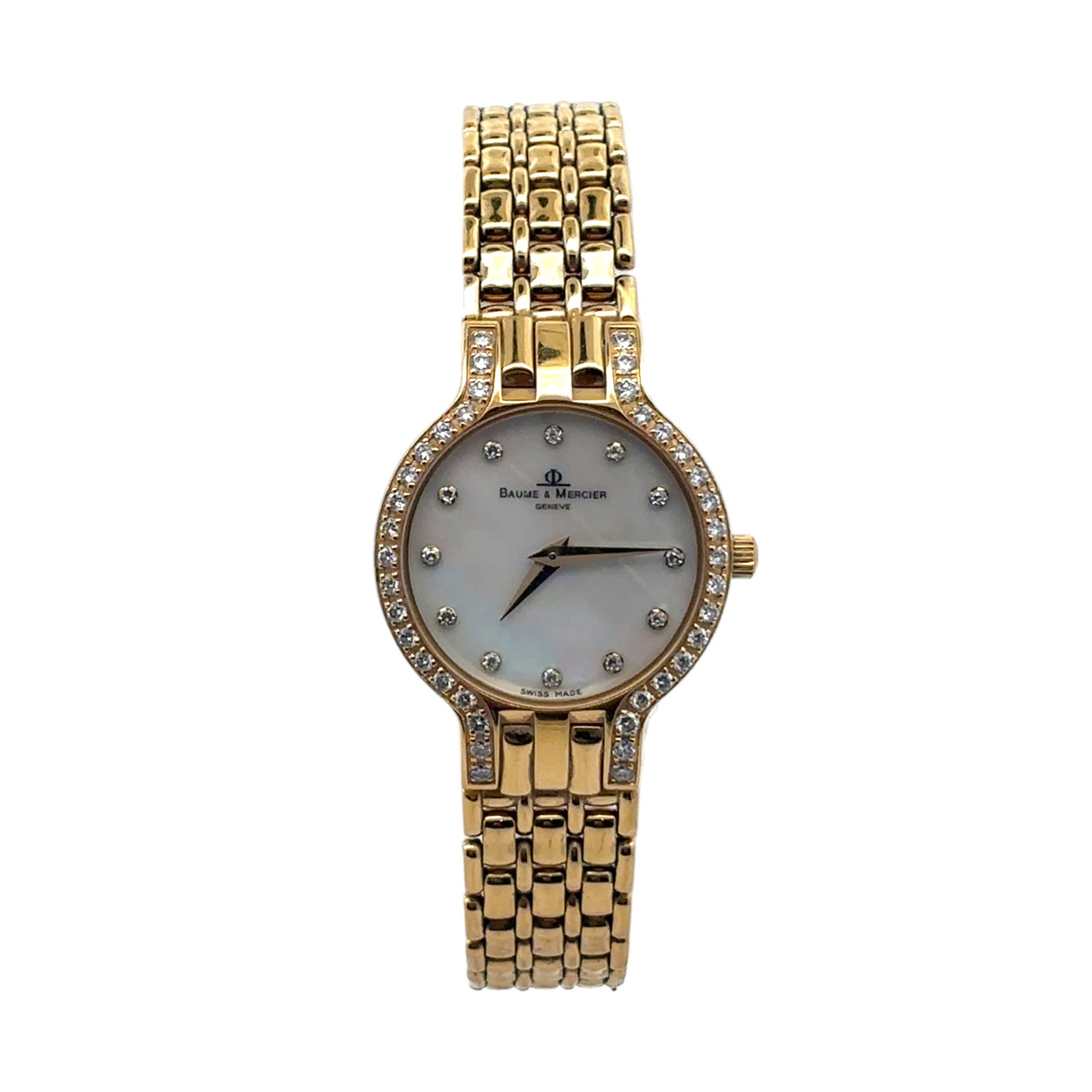 Baume & Mercier MX000M87 14K Gold MOP Diamond Dial Diamond Bezel: The Baume & Mercier timepiece, Reference MX000M87, exudes feminine elegance and precision. Crafted in 14K yellow gold, this 24mm watch features a luminous mother-of-pearl dial set with dia