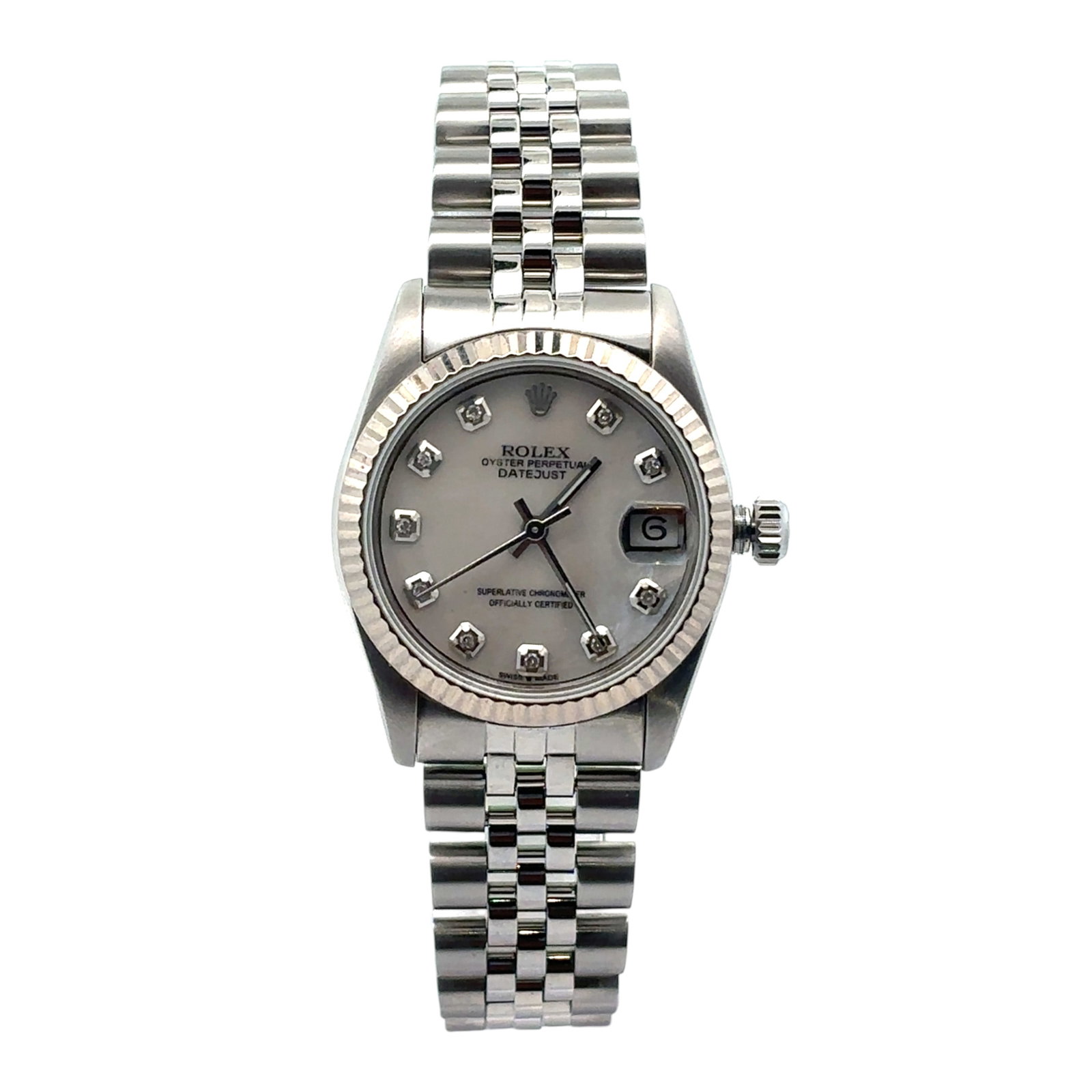 Rolex Datejust 31mm 6827 Steel Silver Diamond Dial: The Rolex Datejust, Reference 6827, is a versatile mid-size timepiece measuring 31mm in diameter. Crafted in stainless steel, it showcases a stunning Silver Diamond dial complemented by a refined