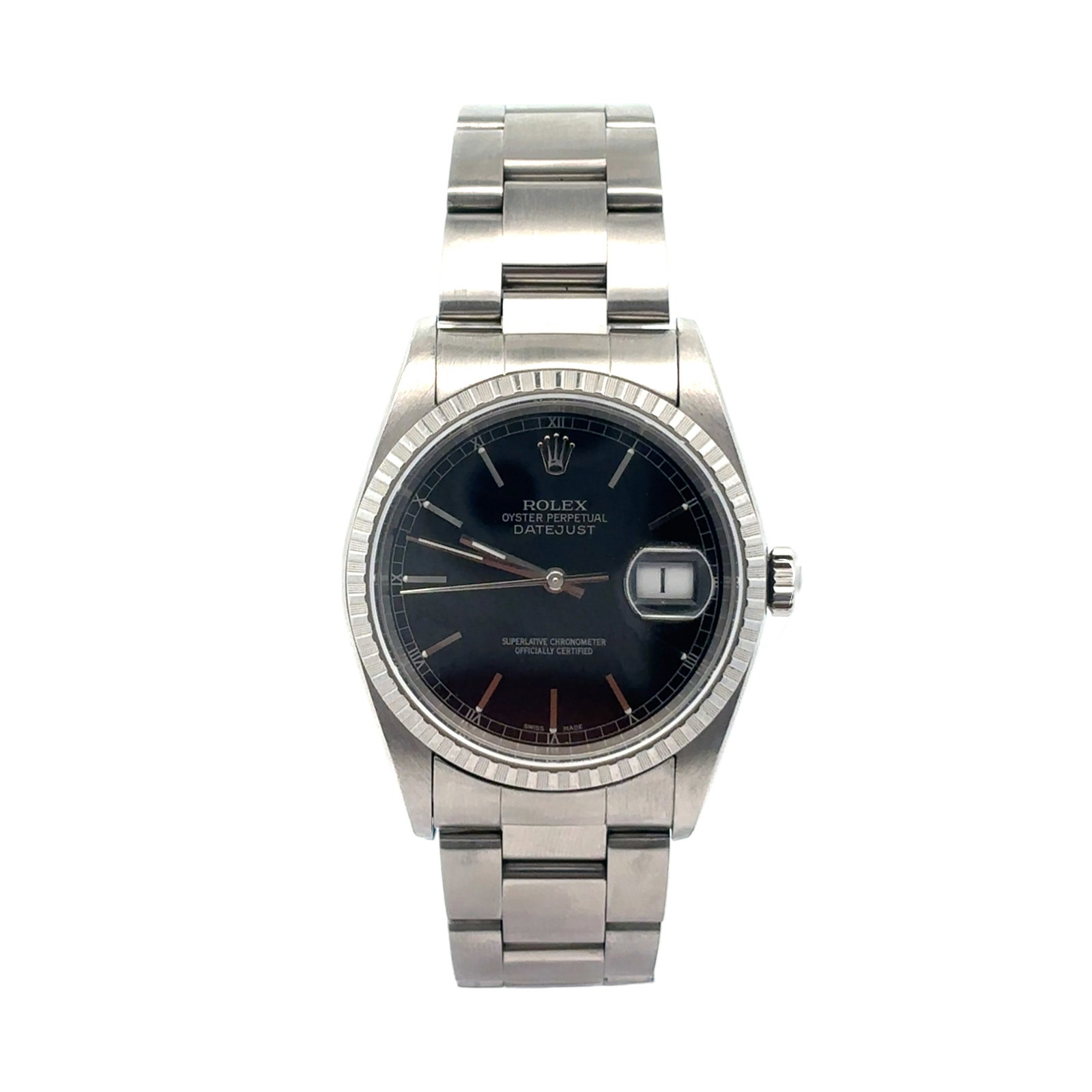 Rolex Datejust 16220 36mm Stainless Steel Black Dial: The Rolex Datejust, Reference 16220, is an icon of timeless elegance. Crafted in robust stainless steel, the 36mm case features a sleek black dial with luminous index hour markers that offer a sha