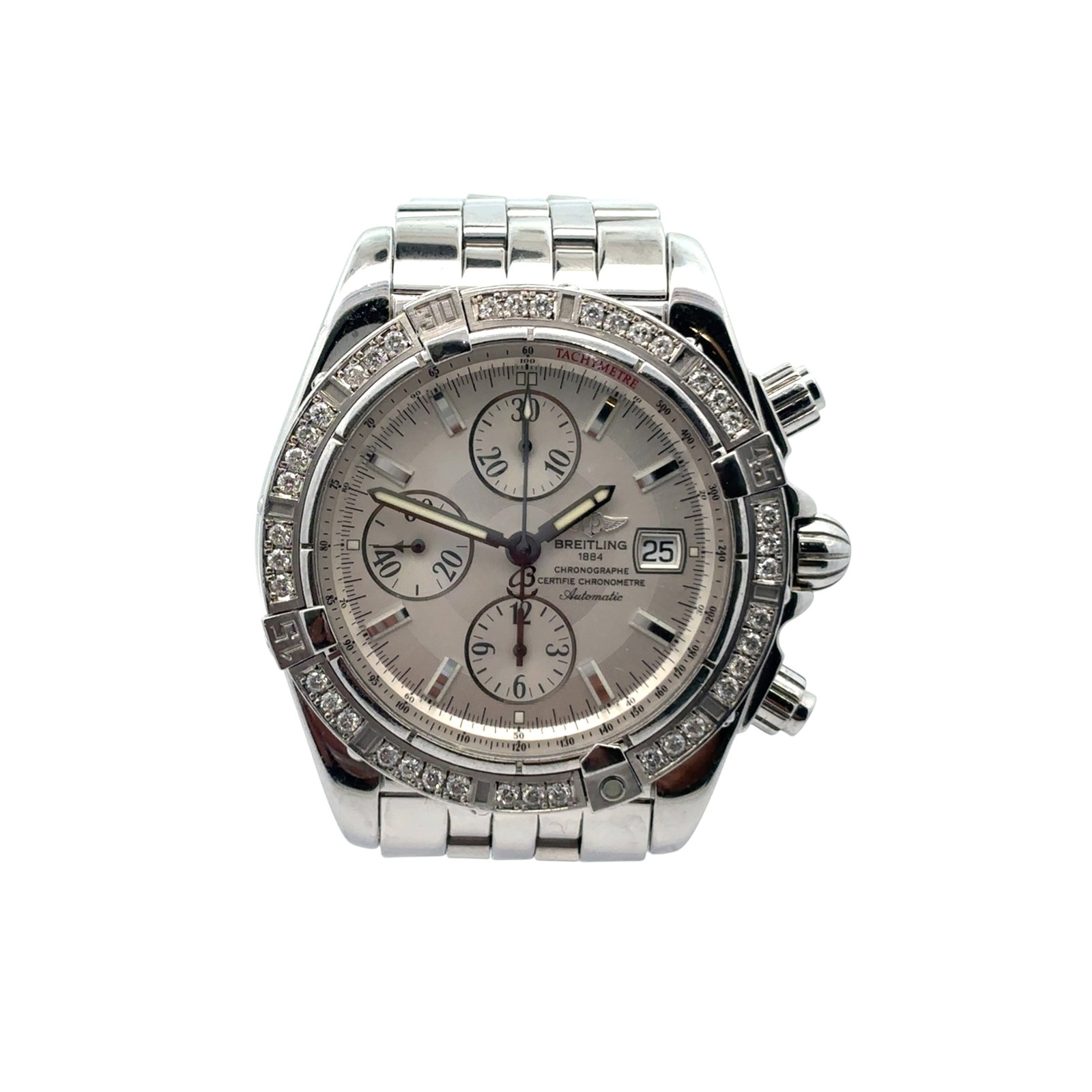 Breitling Chronomat Evolution A13356 Stainless Steel MOP Dial, Factory Diamond Bezel: The Breitling Chronomat Evolution, Reference A13356, is a bold statement of precision and luxury. Crafted from robust stainless steel, this timepiece features a resplendent Mother of Pearl dial th