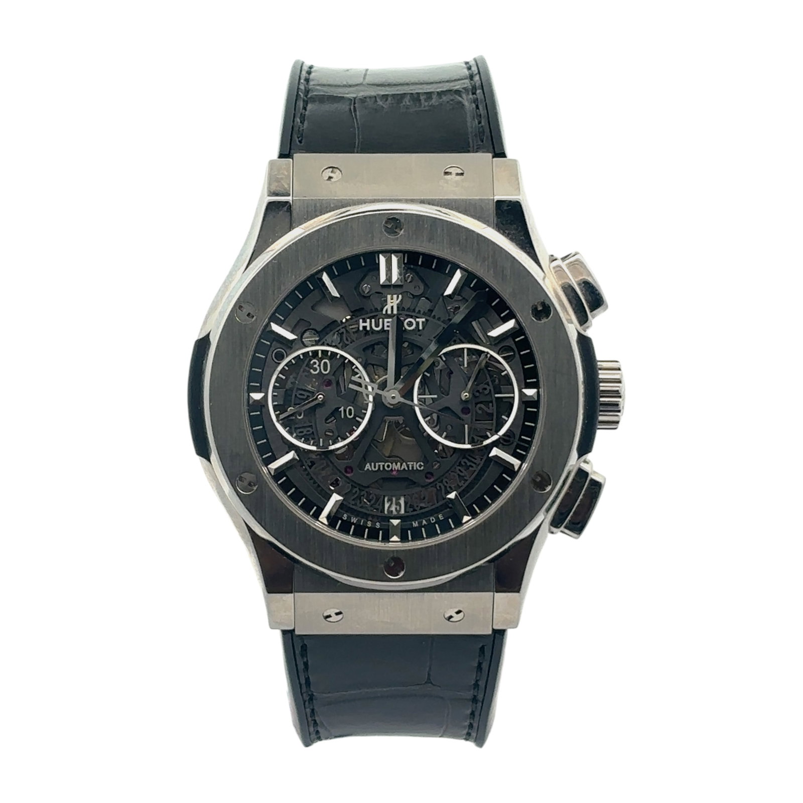 Hublot Classic Fusion Aerofusion Chronograph 515.NX.0170.LR Titanium Skeleton Dial: The Hublot Classic Fusion Aerofusion Chronograph, Reference 515.NX.0170.LR, offers a captivating blend of contemporary design and technical transparency. Crafted from lightweight titanium, the 45mm ca