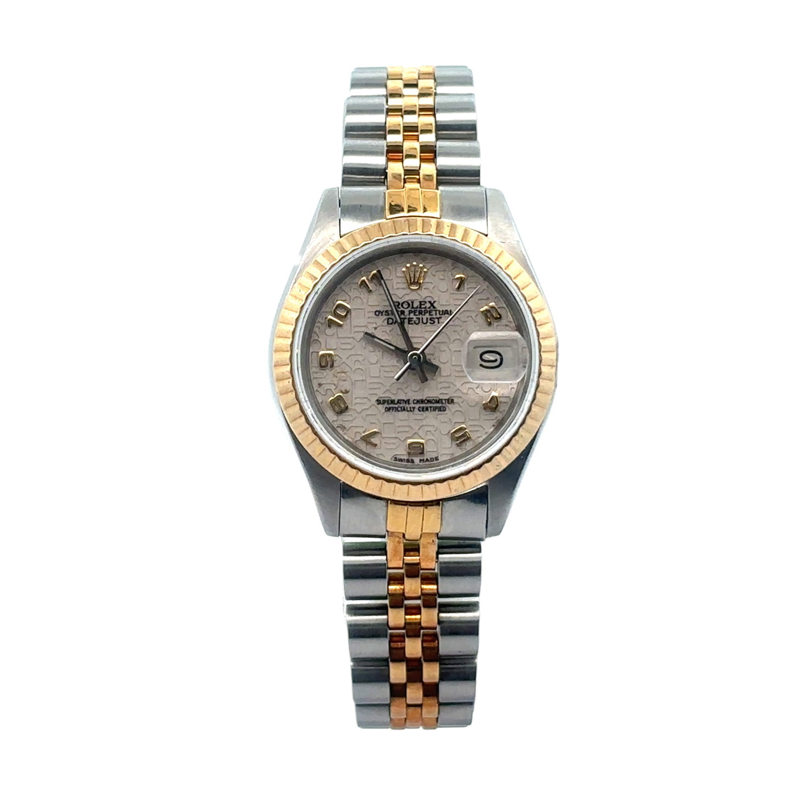 Rolex Datejust 6917 Two-Tone Ivory Anniversary Arabic Dial: The Rolex Datejust, Reference 6917, embodies a timeless expression of elegance. Crafted in a harmonious combination of stainless steel and 18K yellow gold, this two-tone timepiece features a captivati