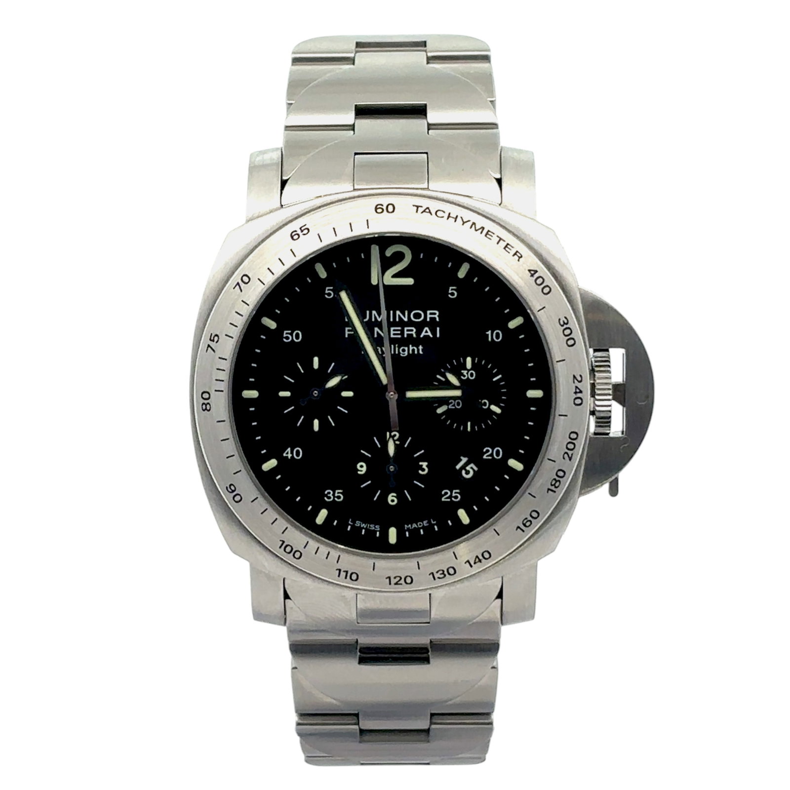 Panerai Luminor Daylight PAM 00236 Steel Chronograph Black Dial: The Panerai Luminor Daylight, Reference PAM 00236, captures the bold spirit of the Italian Navy with its robust 44mm stainless steel case and iconic crown-protecting bridge. Its black dial features lu