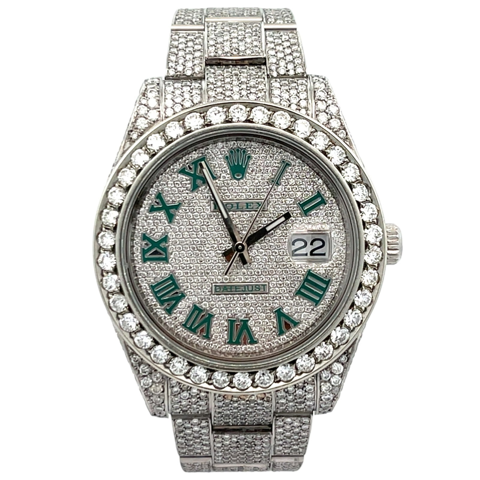 Rolex Datejust II 116334 Steel Custom Diamond Pave Dial & Bezel Steel & Diamond Band: The Rolex Datejust II, Reference 116334, is a striking reinterpretation of a classic, blending Rolex's robust engineering with custom, high-jewelry artistry. Crafted in stainless steel, this timepiece