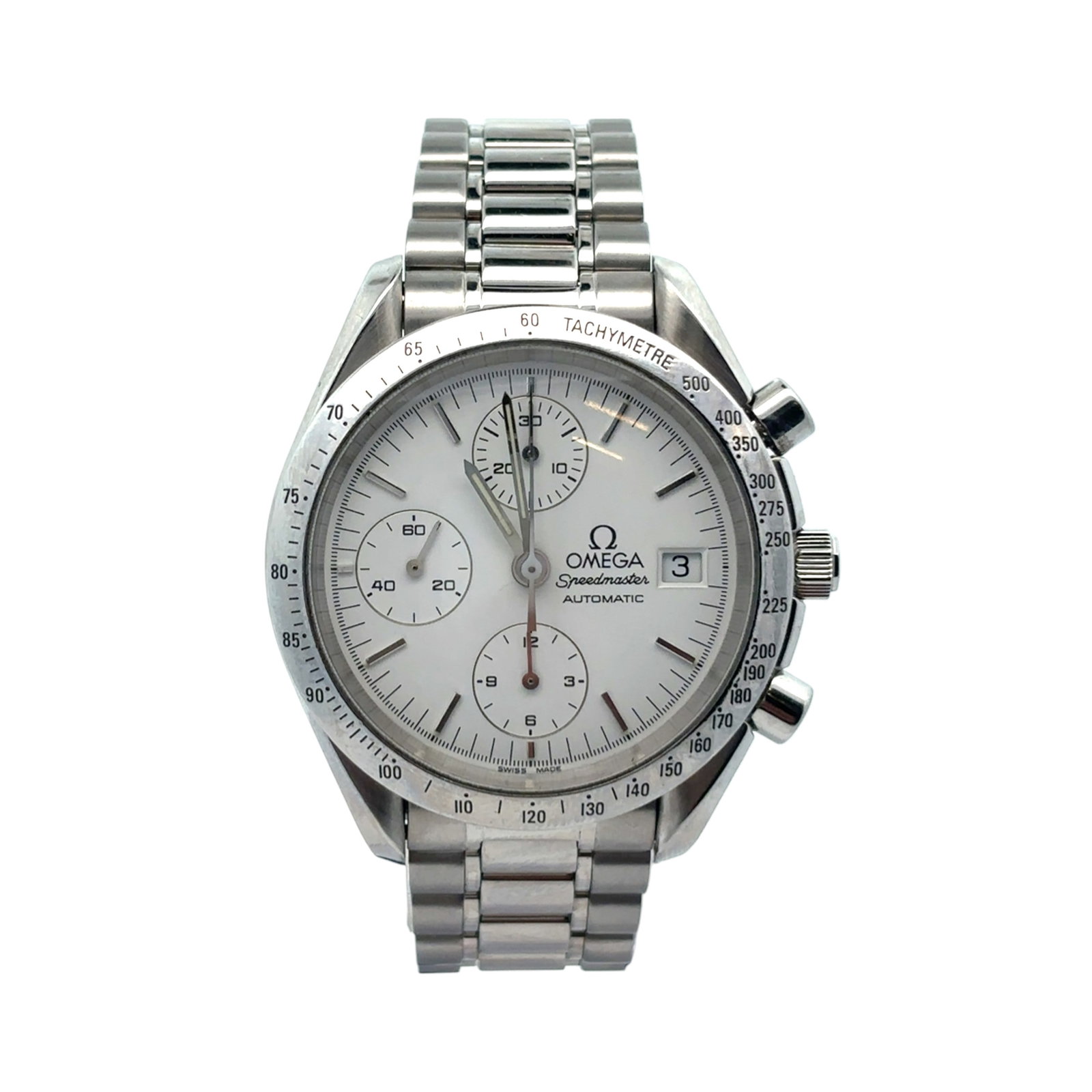 Omega Speedmaster Date 3511.20 Steel Silver Dial: The Omega Speedmaster Date, Reference 3511.20, is a distinguished chronograph that balances sporty elegance with everyday durability. The stainless steel case houses a stunning silver dial, enhanc