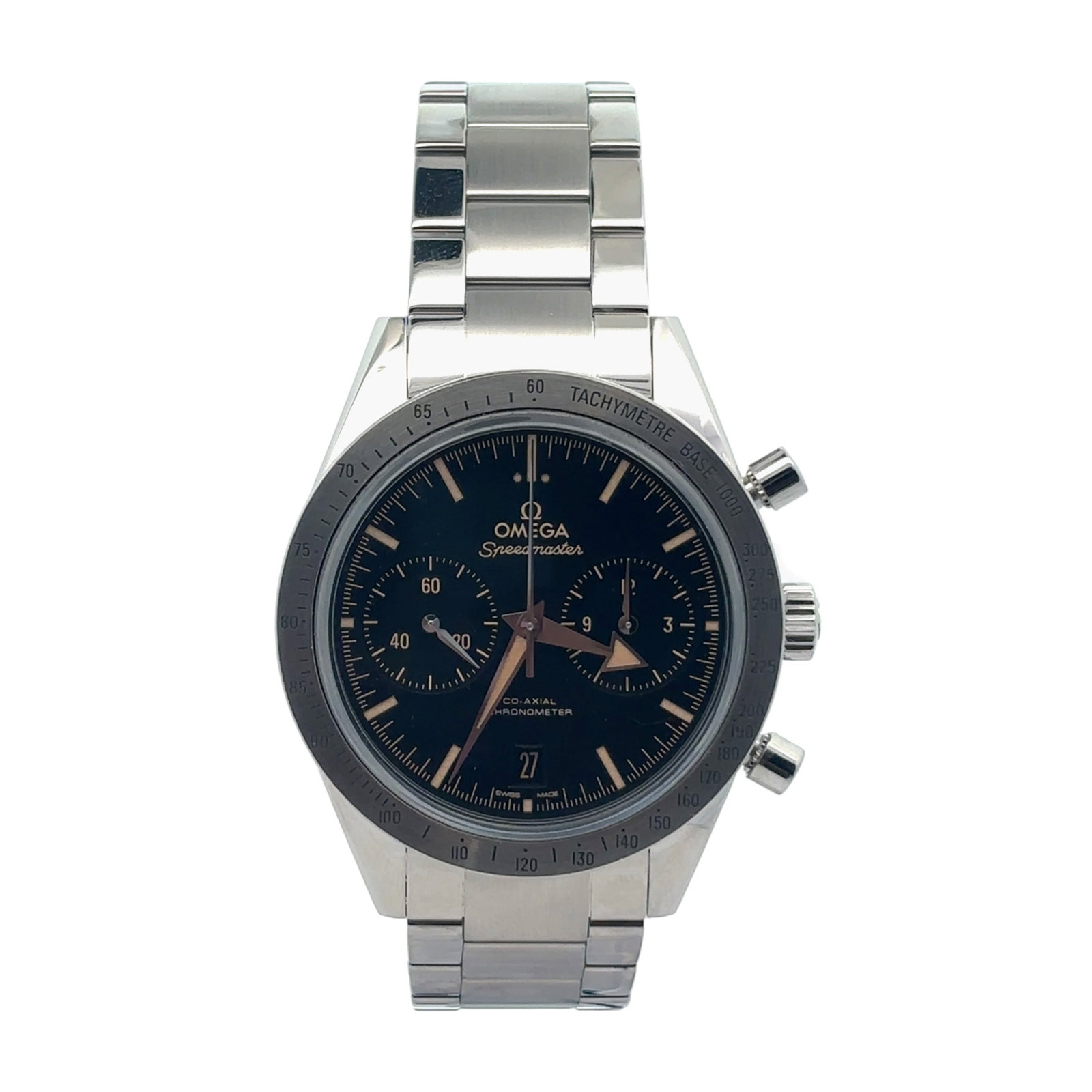 Omega Speedmaster '57 Chronograph 331.10.42.51.01.002 Stainless Steel Black Dial: The Omega Speedmaster '57 Chronograph, Reference 331.10.42.51.01.002, is a distinguished expression of sporty sophistication from the iconic Speedmaster collection. Crafted in stainless steel, this 41