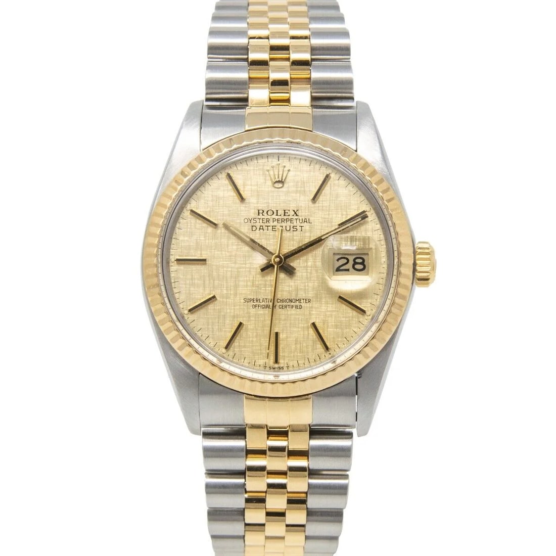 Rolex Datejust 1601 Two-Tone Champagne Linen Dial: The Rolex Datejust, Reference 1601, is a timeless classic that embodies the elegance of the 1960s and 70s. Crafted in a luxurious two-tone combination of stainless steel and 18k yellow gold, this 36mm