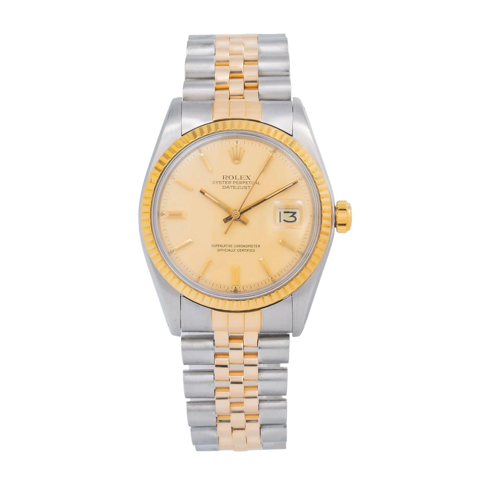 Rolex Datejust 1601 Steel & 18k Gold Champagne Dial: The Rolex Datejust, Reference 1601, is a paragon of timeless elegance. Crafted in a striking two-tone combination of stainless steel and 18k yellow gold, this timepiece showcases a gorgeous Champagne 