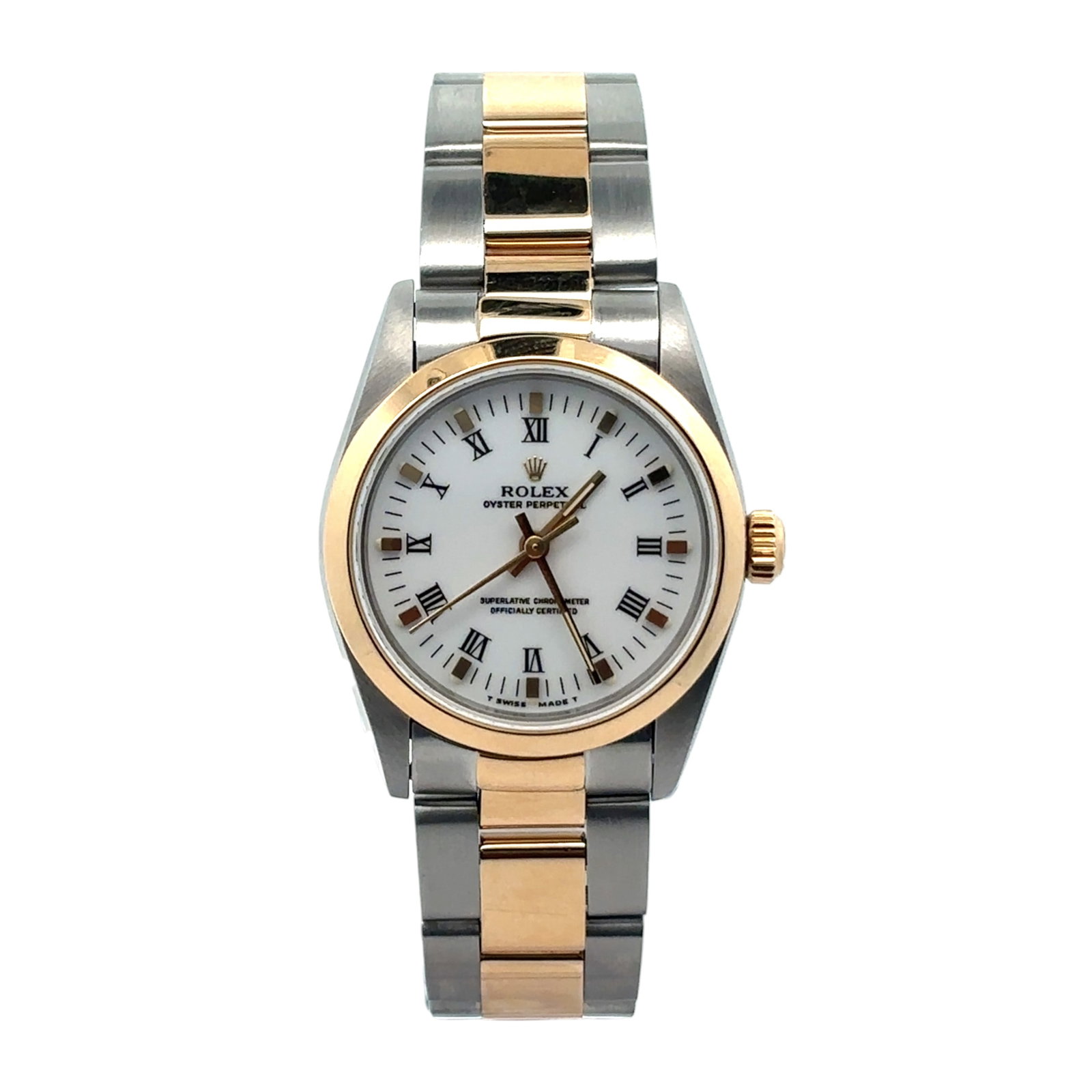 Rolex Oyster Perpetual Date 67483 Two-Tone White Roman Dial: The Rolex Oyster Perpetual Date, Reference 67483, is a timeless expression of elegance and precision. Crafted in two-tone stainless steel and 18k yellow gold, this timepiece features a stunning white 