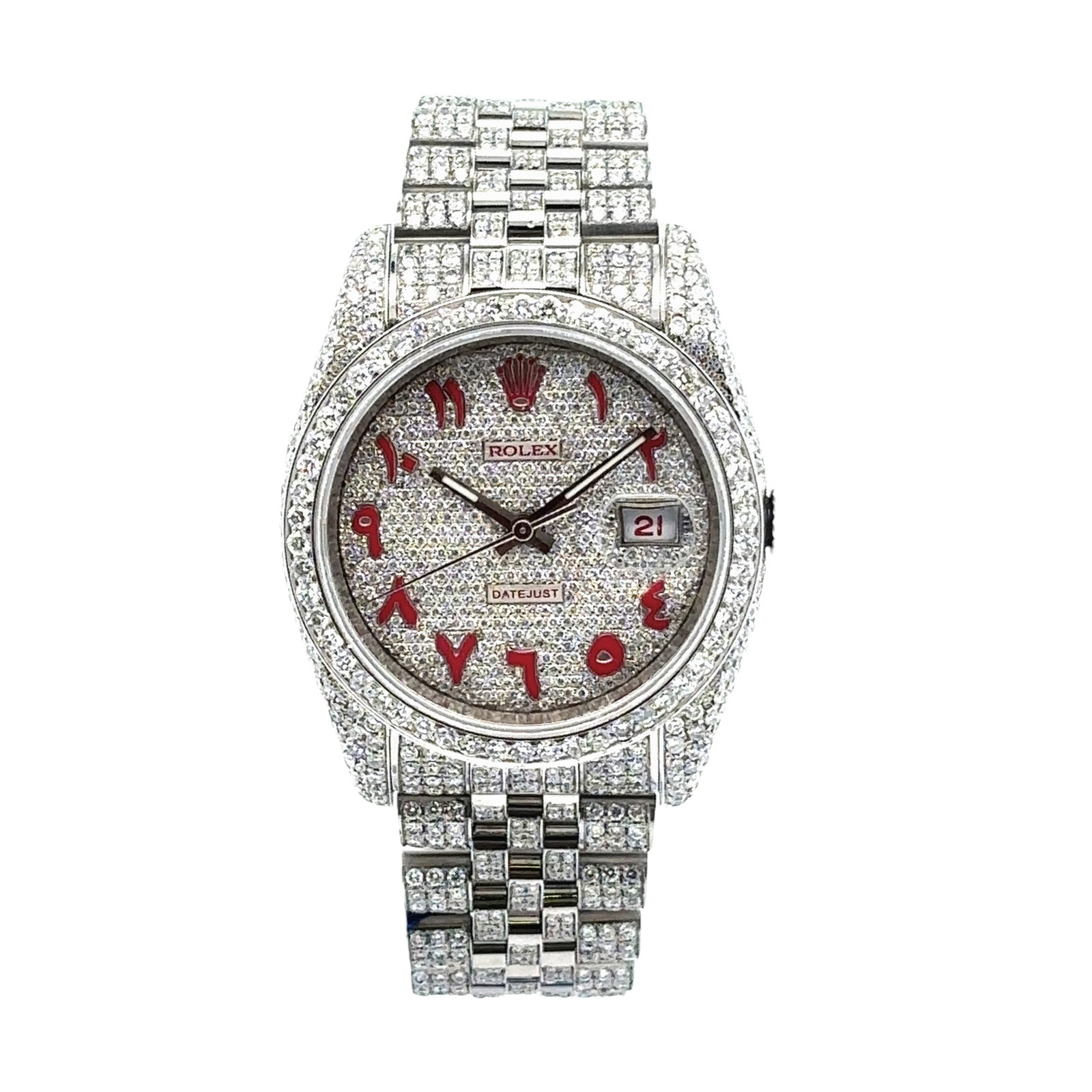 Rolex Datejust 36mm 116200 Stainless Steel Custom Pave Diamond Dial: The Rolex Datejust 36mm, Reference 116200, is a stunning fusion of classic design and high jewelry. Crafted in stainless steel, this timepiece features a custom pave diamond dial with bold red Arabic 