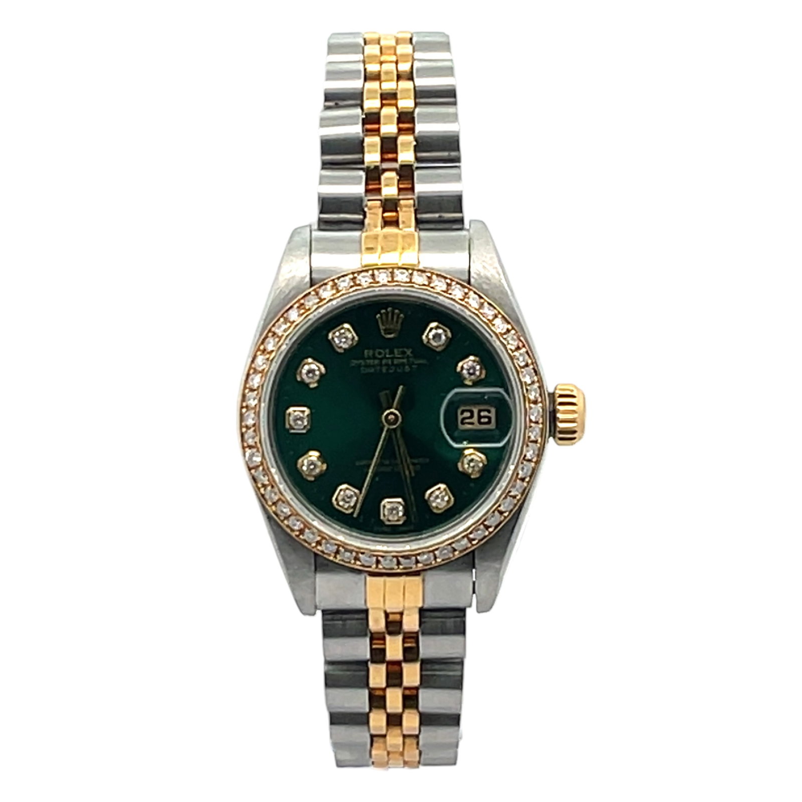 Rolex Lady-Datejust 69173 Two-Tone Green Diamond Dial: The Rolex Lady-Datejust, Reference 69173, is a radiant fusion of strength and grace. Crafted in a two-tone stainless steel and 18K yellow gold case, this 26mm timepiece exudes sophistication. Its gree
