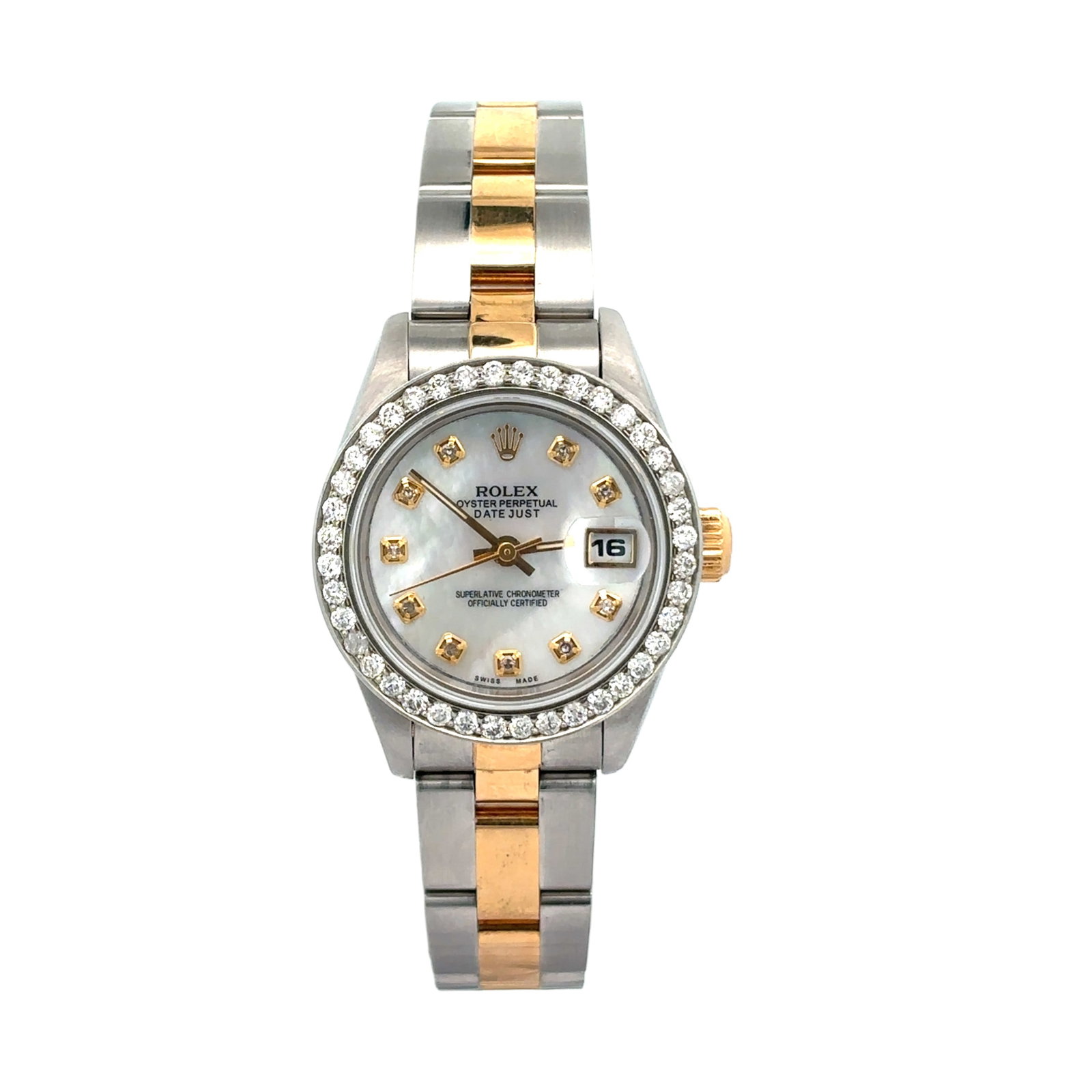 Rolex Lady-Datejust 69163 Two-Tone Custom Diamond MOP Dial: The Rolex Lady-Datejust, Reference 69163, is a radiant expression of elegance, blending the warmth of 18K yellow gold with the resilience of stainless steel. Its striking mother-of-pearl d