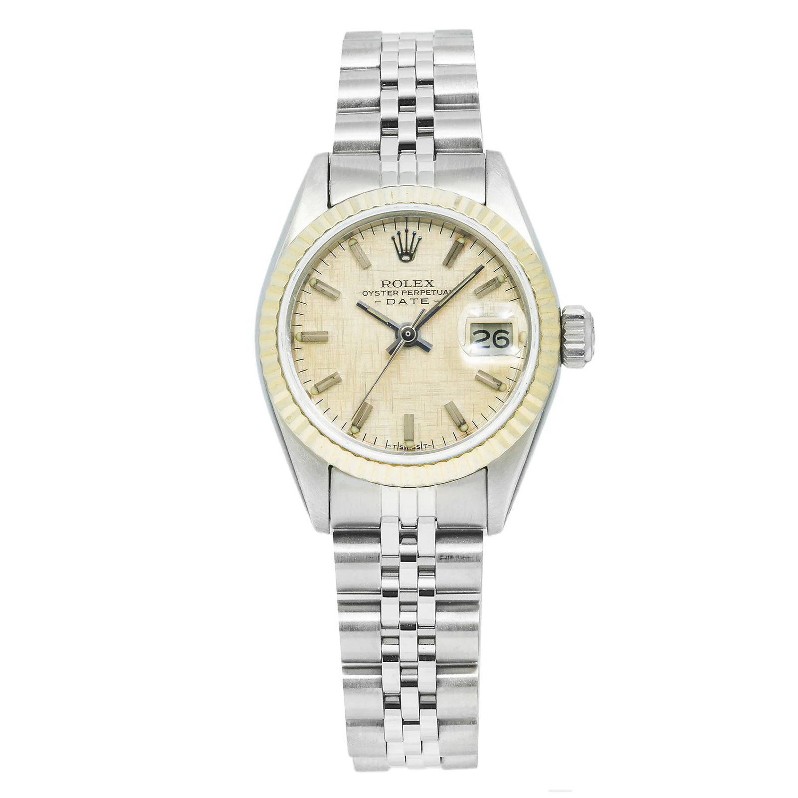 Rolex Datejust 6917 Steel Silver Linen Dial: The Rolex Datejust, Reference 6917, is a timeless expression of elegance. Crafted in resilient stainless steel, this ladies' timepiece features a distinctive fluted bezel and a sophisticated