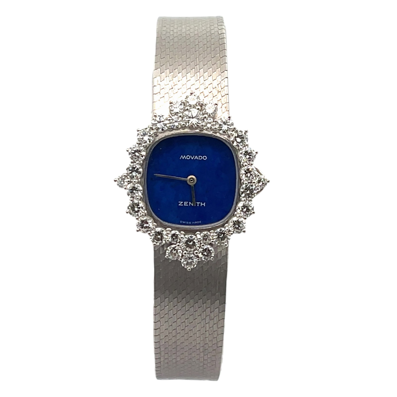 Movado Zenith 18K White Gold Lapis Lazuli Diamond Dial Watch: The Movado Zenith is an exquisite statement of refinement and artistry. This watch is masterfully cased in 18K white gold, providing a brilliant contrast to its mesmerizing Lapis Lazuli dial. The