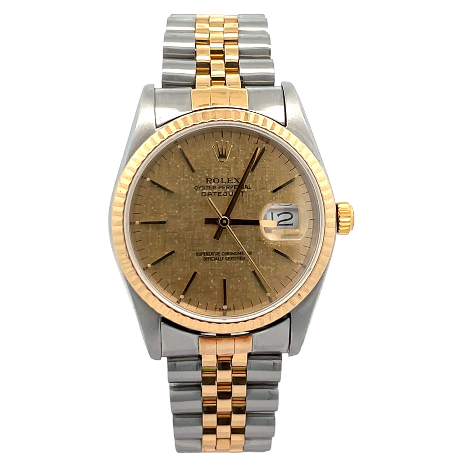 Rolex Datejust 16013 Two-Tone Champagne Linen Numeral Dial 36mm Jubilee Band: The Rolex Datejust, Reference 16013, is a quintessential blend of classic design and everyday versatility. Crafted in a sophisticated two-tone finish combining robust stainless steel and warm 18k yell