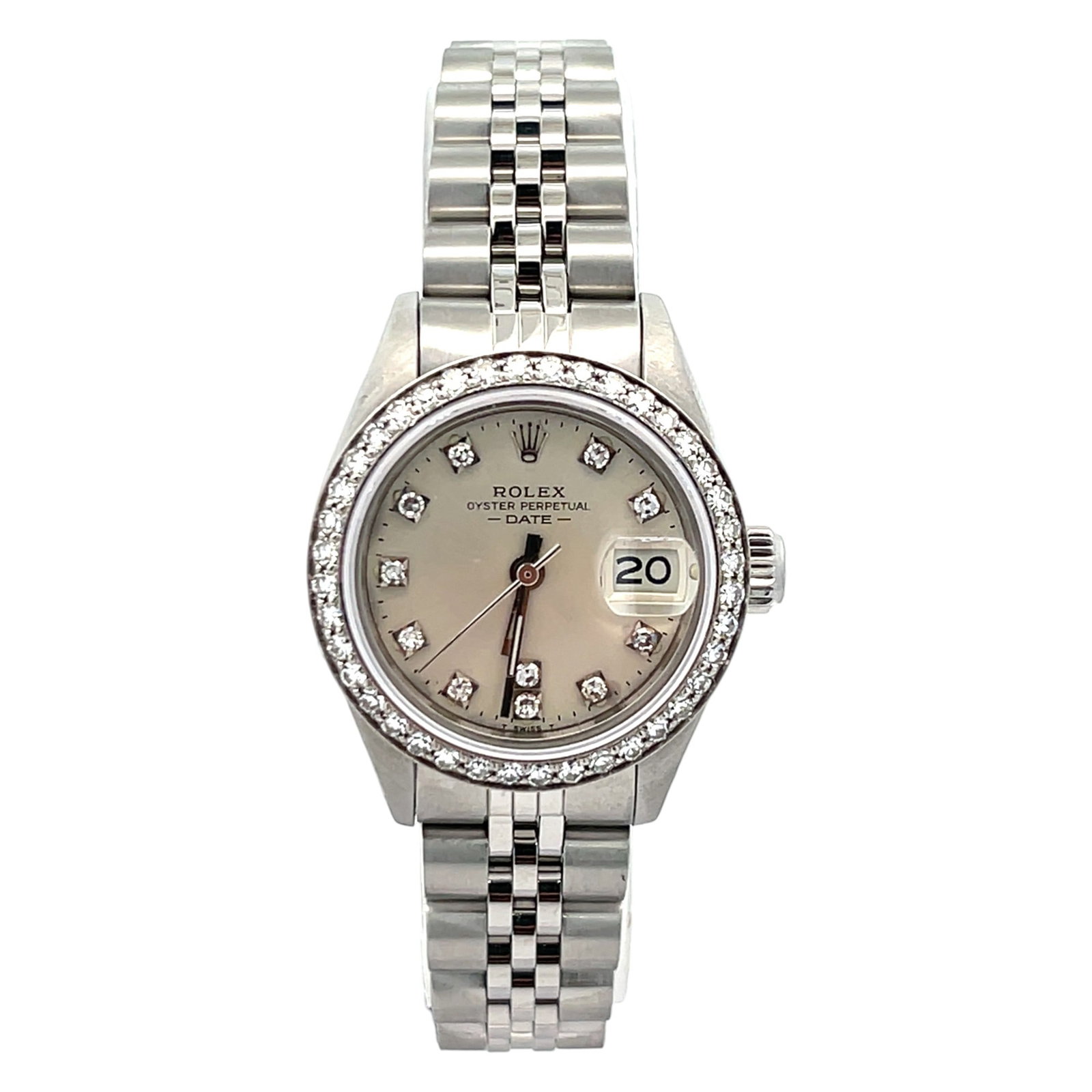 Rolex Date 6917 Stainless Steel Custom Silver Diamond Dial & Bezel: The Rolex Date, Reference 6917, is a radiant expression of feminine elegance. Crafted in robust stainless steel, this 26mm timepiece features a breathtaking custom silver diamond dial that catches