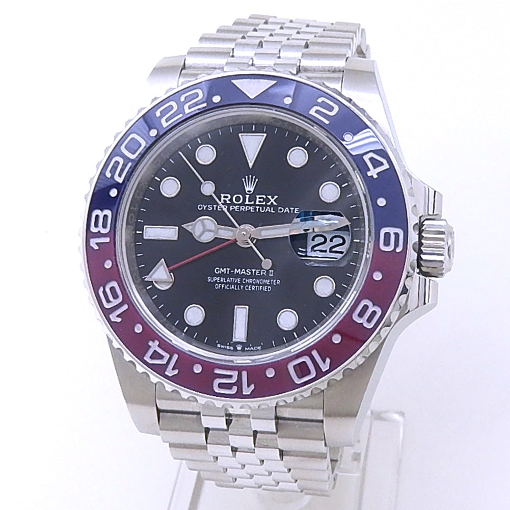 Rolex GMT-Master II 126710BLRO Stainless Steel Black Dial: The Rolex GMT-Master II, Reference 126710BLRO, is a modern icon that pays tribute to the original dual-time pilot's watch. Crafted from robust Stainless Steel, this timepiece features a deep Black dia