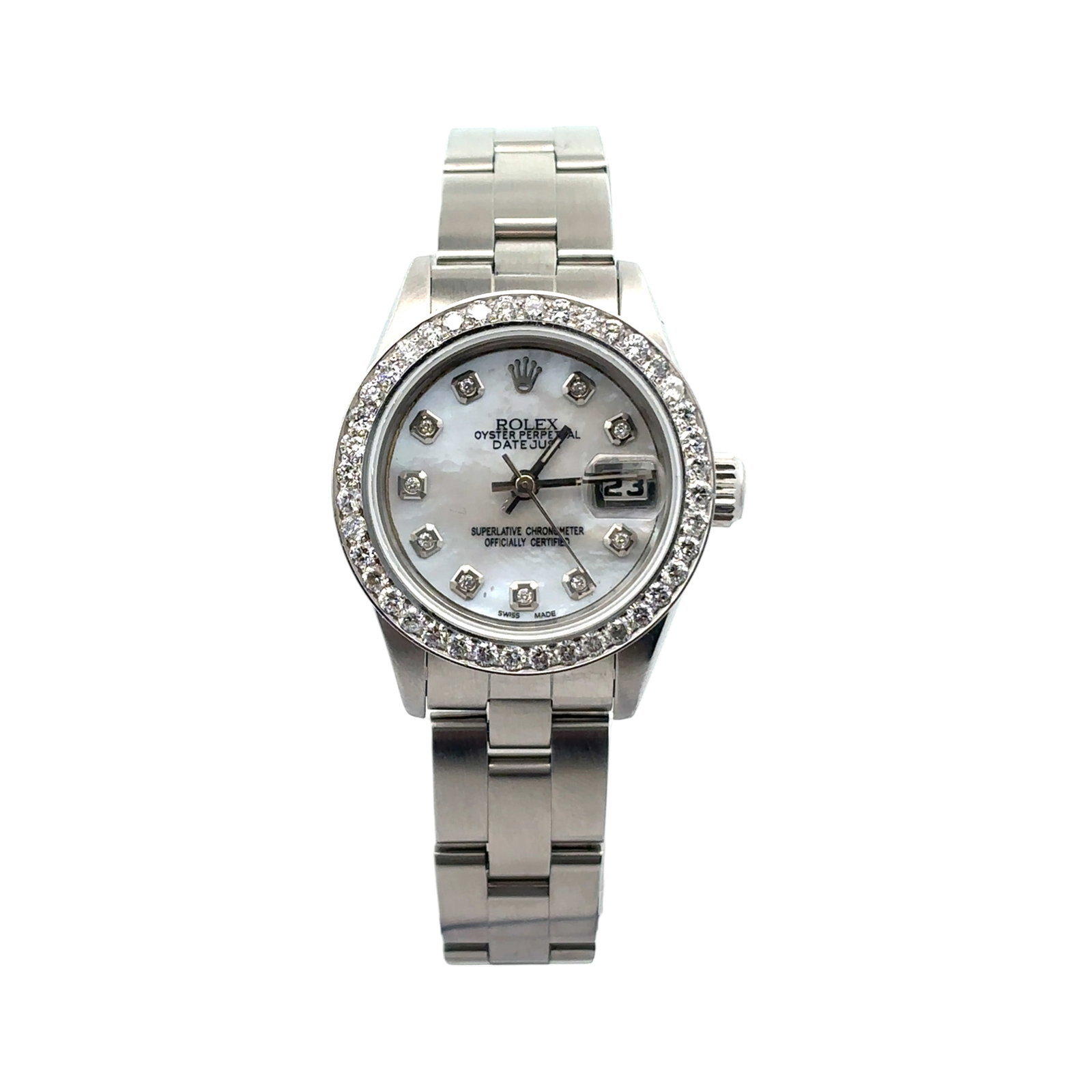 Rolex Oyster Perpetual Lady Date 69240 Steel Custom MOP Diamond Dial & Diamond Bezel: The Rolex Oyster Perpetual Lady Date, Reference 69240, is an exquisite expression of timeless elegance and precision. Crafted in robust stainless steel, this feminine timepiece dazzles with a custom M