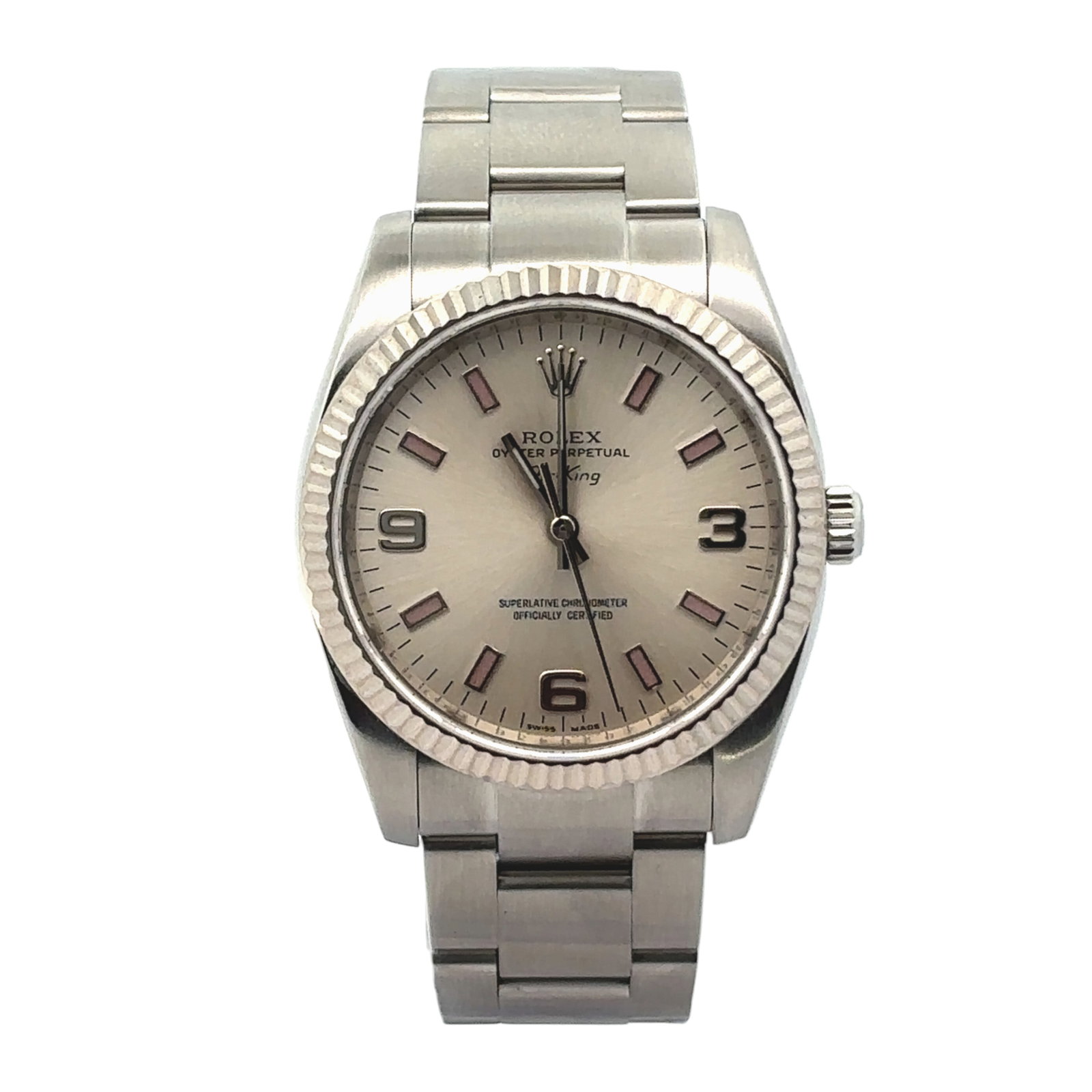 Rolex Air-King 114210 Steel Silver Arabic Dial: The Rolex Air-King, Reference 114210, is a paragon of understated elegance. Its robust stainless steel case and smooth, polished bezel frame a striking silver dial adorned with luminous Arabic num