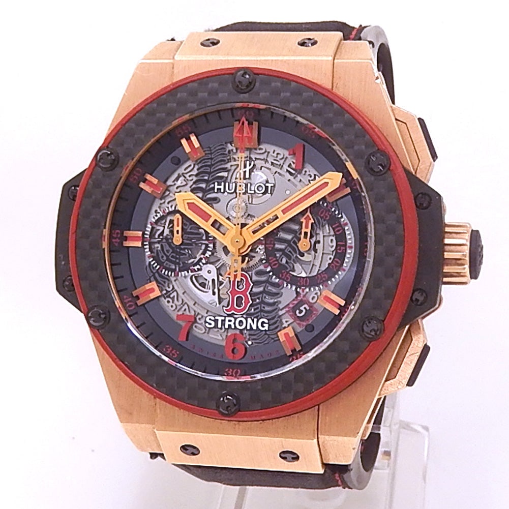 Hublot King Power Boston Strong 18k Rose Gold Skeleton Dial: The Hublot King Power Boston Strong is a masterpiece of aesthetics and raw power. Crafted in a robust and striking 18k Rose Gold case, this exceptional timepiece features a stunning Skeleton dial