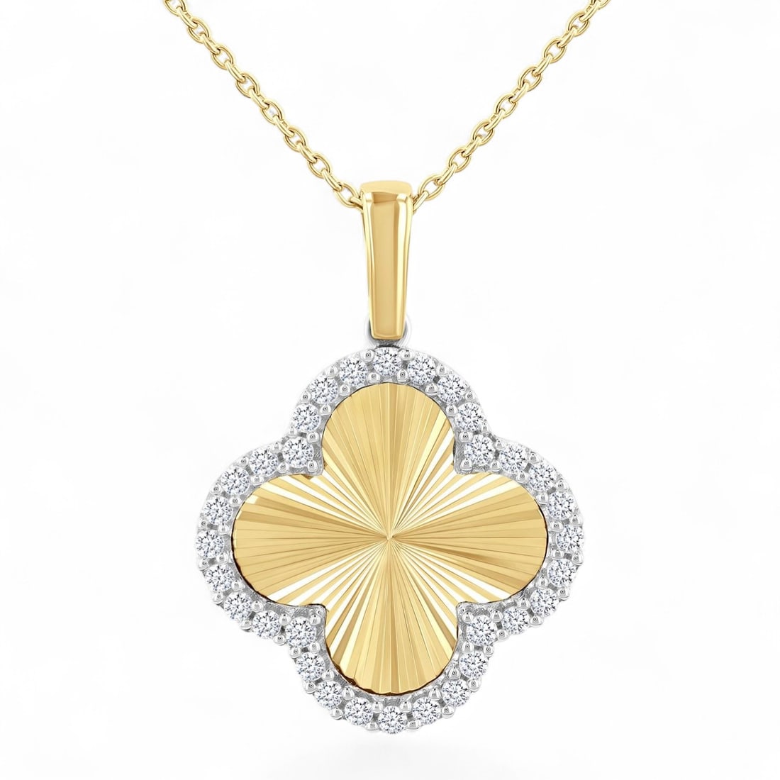0.25 Ctw Fluted Texture Clover White Diamond Modern 10K Yellow And White Gold Pendant - Certified: Defining modern elegance, this magnificent Fluted Texture Clover pendant featuring Natural Diamonds captures the essence of style. The gemstones are nestled within a Halo framework, supported by a sub