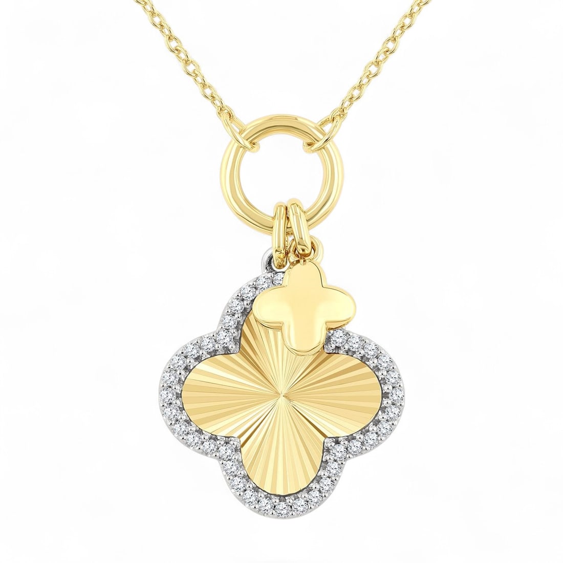 0.16 Ctw Clover Charm Fluted Diamond Modern 10K Yellow And White Gold Pendant - Certified: Exuding opulence and grace, this stunning Clover Charm Fluted pendant featuring Natural Diamonds is crafted for the distinguished. A detailed Pave gallery secures the stones, rendered in 2.8 grams of 