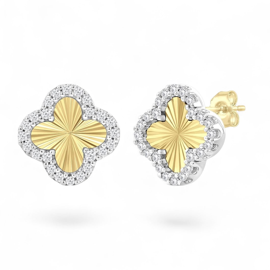 0.2 Ctw Fluted Texture 4-Leaf Clover White Diamond Modern 10K Yellow And White Gold Earrings -: Rare and radiant, this stunning Fluted Texture 4-Leaf Clover pair of earrings featuring Natural Diamonds offers a touch of the extraordinary. A detailed Halo gallery secures the stones, rendered in 2.
