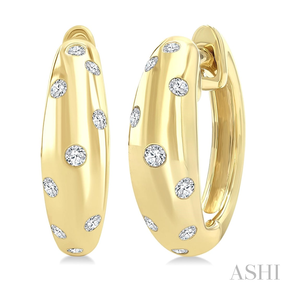 0.15 ctw Mosaic White Diamond 10K Yellow Gold Huggie Earrings: Captured in a moment of brilliance, this elegant Mosaic pair of earrings featuring Natural Diamonds speaks to the connoisseur. The gemstones are nestled within a Flush Setting framework, supported by 