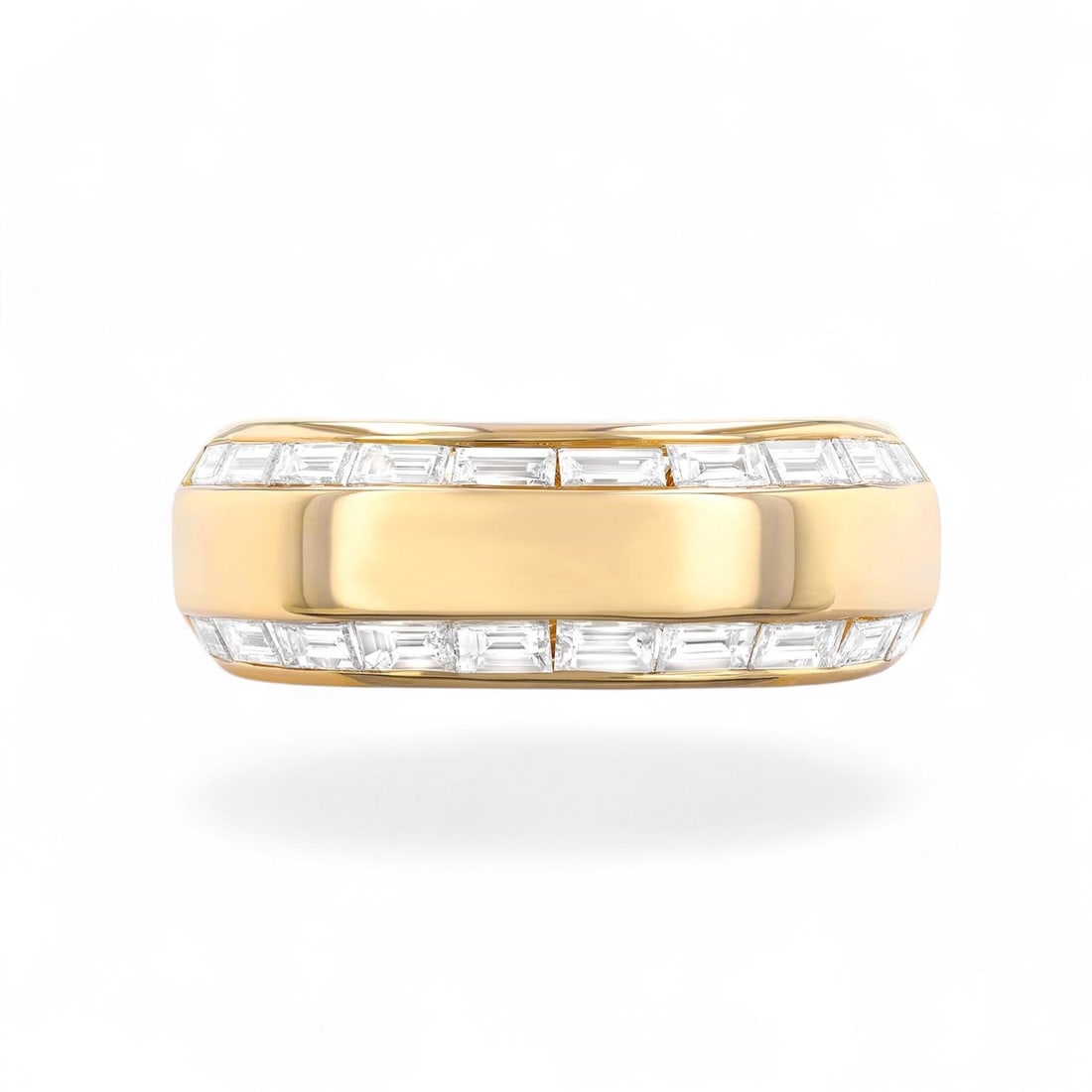 0.87 Ctw Duchess Baguette Wide Band White Diamond Modern 18K Yellow Gold Ring - Certified: Timeless and sophisticated, this magnificent Duchess Baguette Wide Band ring featuring Natural Diamonds radiates enduring beauty. Expertly mounted in a Band setting, the ring is crafted in 7.35 grams 