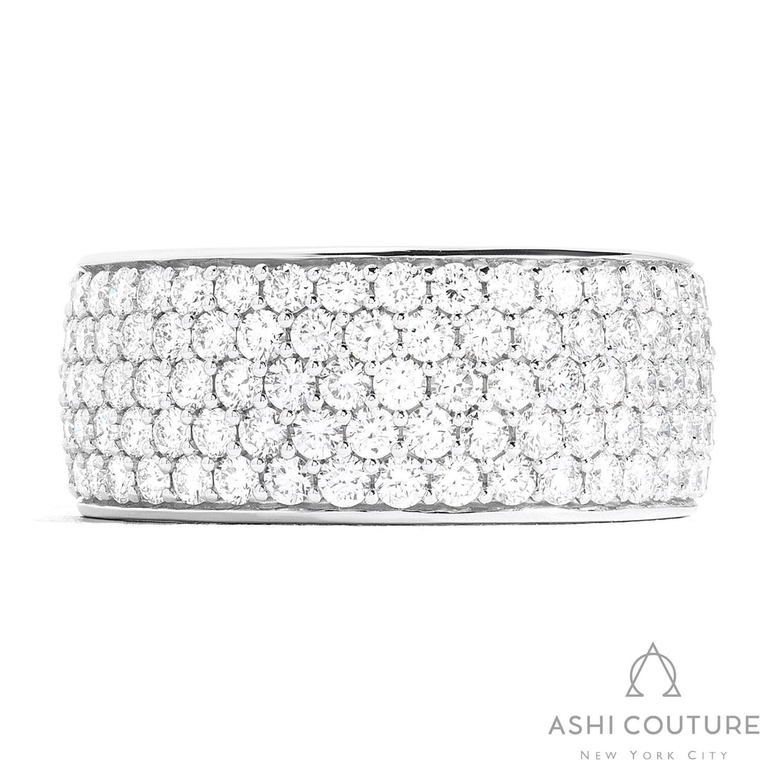 2.06 ctw Diamond 18K White Gold Band Ring: Epitomizing grandeur, this magnificent Duchess Classic 5-Row ring featuring White Diamond stands as a beacon of refined taste. A detailed Pave gallery secures the stones, rendered in 8.9 g of lustrous