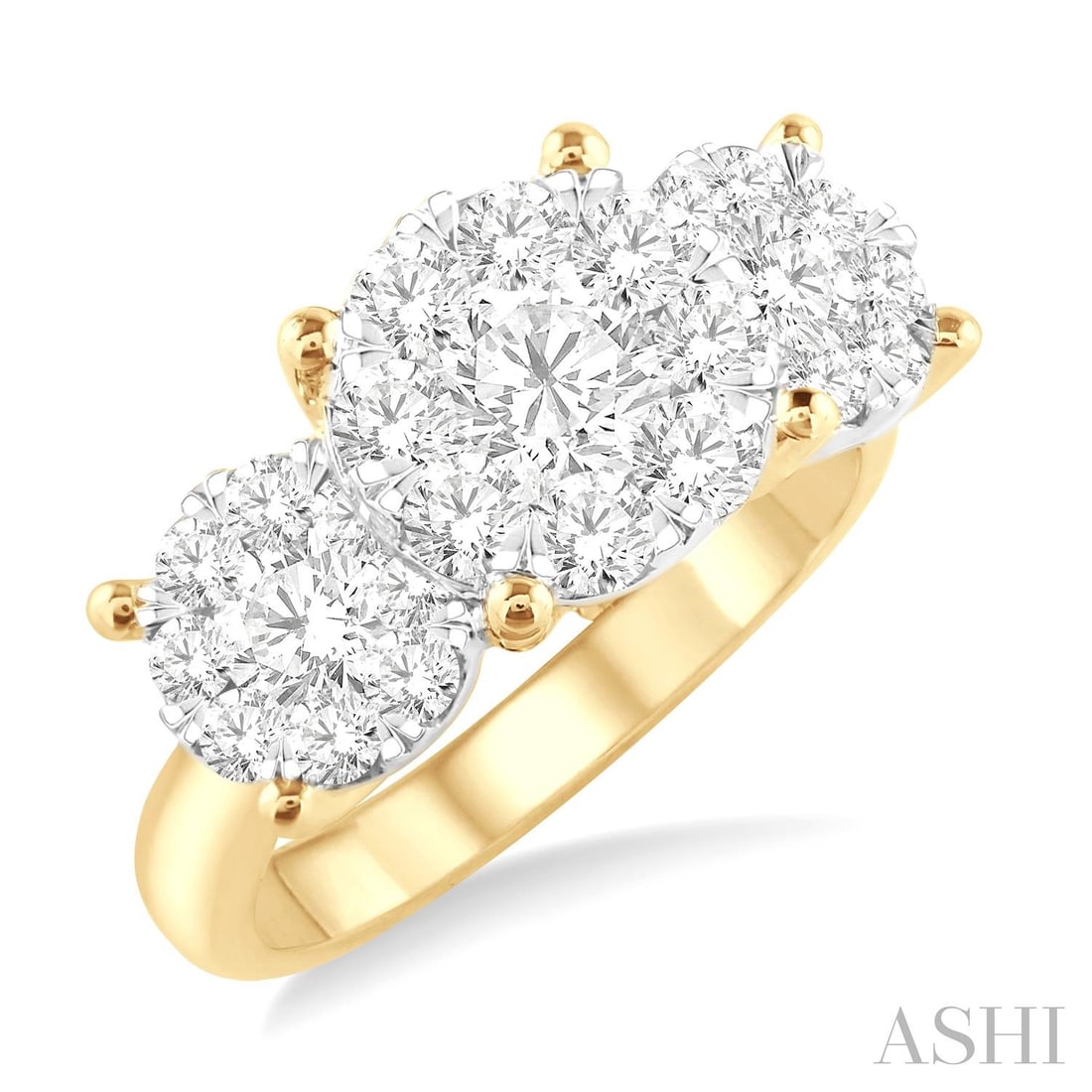 2.01 ctw White Diamond Cluster 14K Yellow & White Gold Ring: A symphony of light and color, this magnificent Cluster ring featuring White Diamond embodies the pinnacle of luxury. Expertly mounted in a Three-Stone Cluster setting, the ring is crafted in 6.0 gram