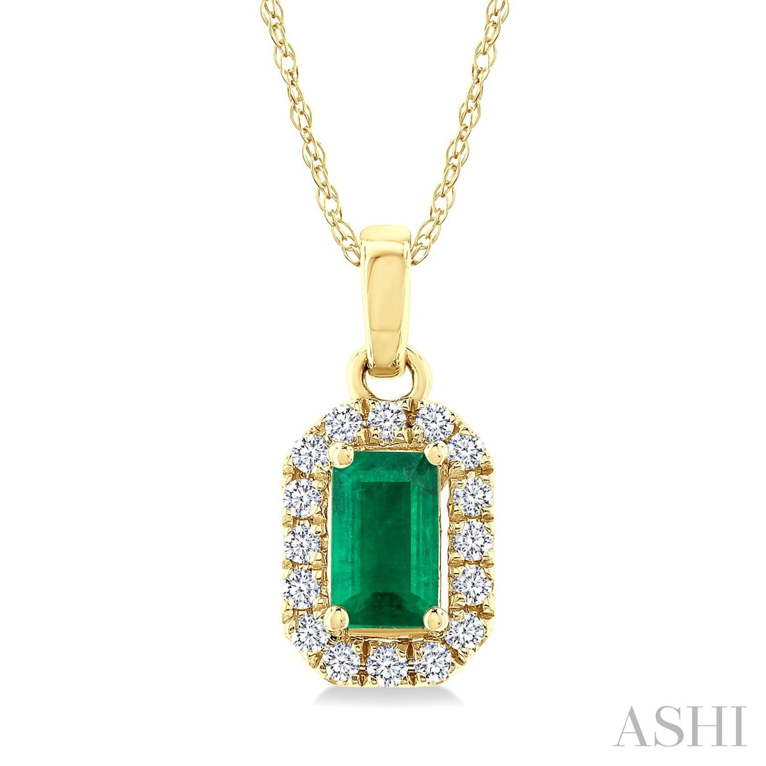 5x3mm Emerald and 0.07 ctw Diamond 10K Yellow Gold Pendant: A testament to superior craftsmanship, this elegant Halo pendant featuring Emerald, White Diamond is unparalleled. Crafted with precision, the Halo setting is seamlessly integrated into 0.35 grams of 