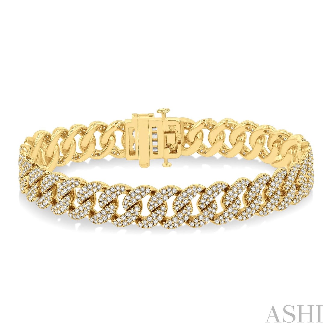 4.0 ctw Round White Diamond Cuban Link 14K Yellow Gold Bracelet: A vision of luxury, this exquisite Cuban bracelet featuring Natural Diamonds defines sophistication. Securely held in a classic Pave-set Cuban Link Chain design, the bracelet is forged from 24.1 grams