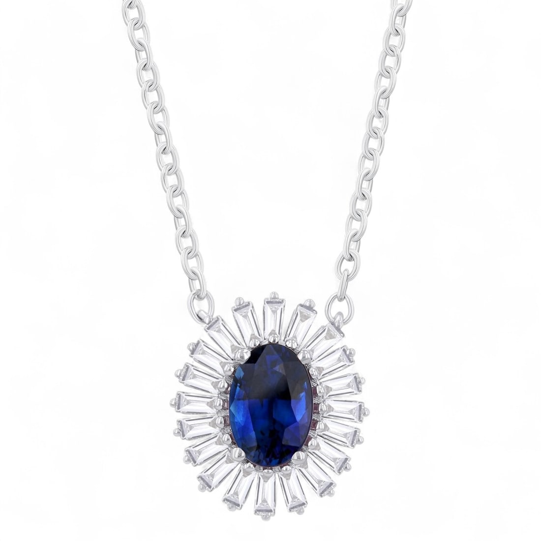 6x4 MM Blue Sapphire and 0.35 Ctw Halo Pendant White Diamond Modern 14K White Gold Necklace -: A symphony of light and color, this stunning Halo Pendant necklace featuring Natural Diamonds and Sapphires embodies the pinnacle of luxury. Securely held in a classic Halo design, the necklace is for