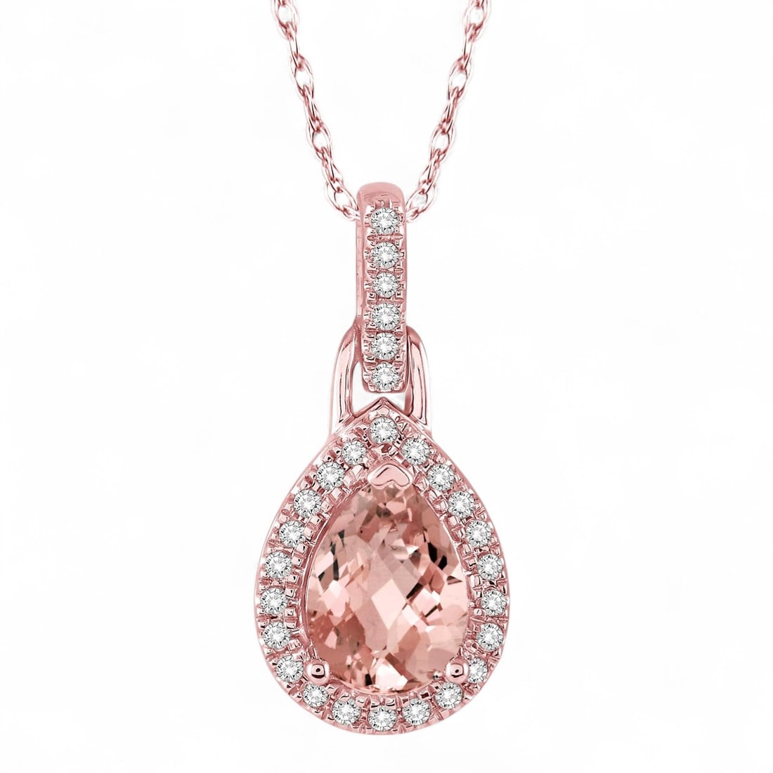 7x5 MM Morganite and 0.11 CTW Halo White Diamond Modern 10K Rose Gold Pendant - Certified: A testament to superior craftsmanship, this stunning Pear Shape Halo pendant featuring Natural Diamonds, and Morganites is unparalleled. A detailed Halo gallery secures the stones, rendered in 1.4 gra