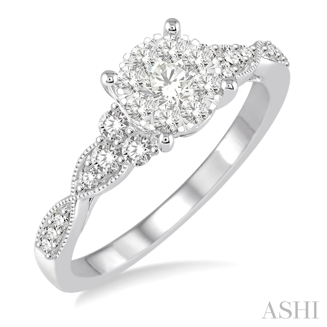 0.54 ctw White Diamond Cluster 14K White Gold Engagement Ring: An exquisite masterpiece of haute joaillerie, this exquisite Cluster ring featuring White Diamond is a true treasure. A detailed Cluster gallery secures the stones, rendered in 2.8 grams of lustrous 1