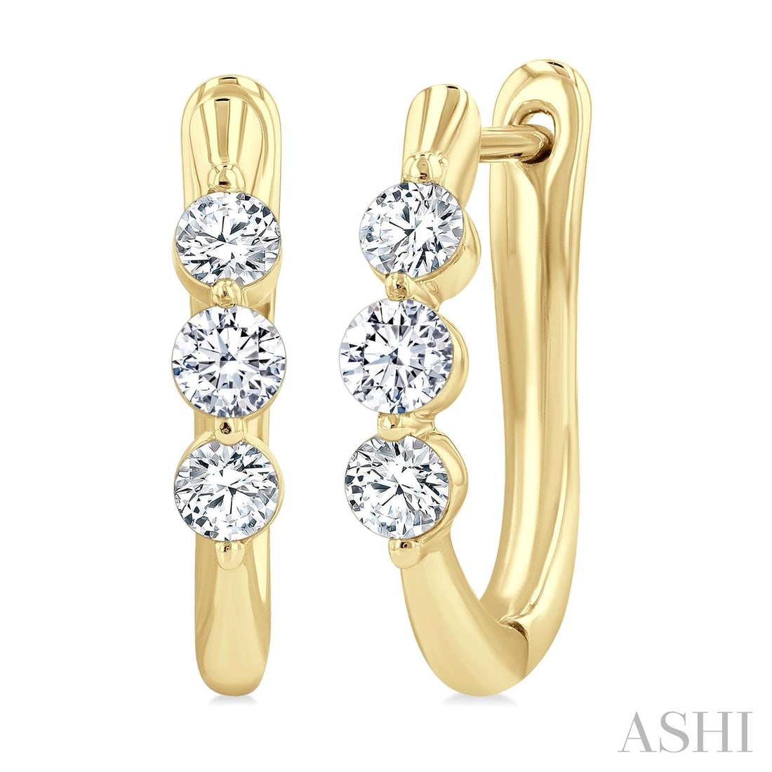 0.50 ctw 3-Stone Round Diamond Fashion Hoop 14K Yellow Gold Earrings: Captured in a moment of brilliance, this elegant Hoop pair of earrings featuring White Diamonds speaks to the connoisseur. Securely held in a classic Three-Stone design, the earrings are forged from 2