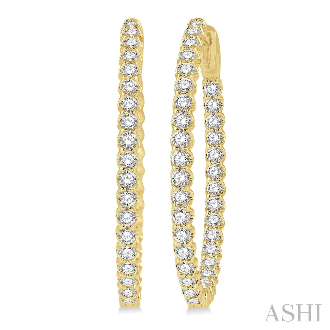 2.01 ctw Round Diamond Inside-Out Hoop 14K Yellow Gold Earrings: An exquisite masterpiece of haute joaillerie, this breathtaking Inside-Out Oval Shape Hoop pair of earrings featuring White Diamond is a true treasure. Showcasing the gems in a Hoop arrangement, the e