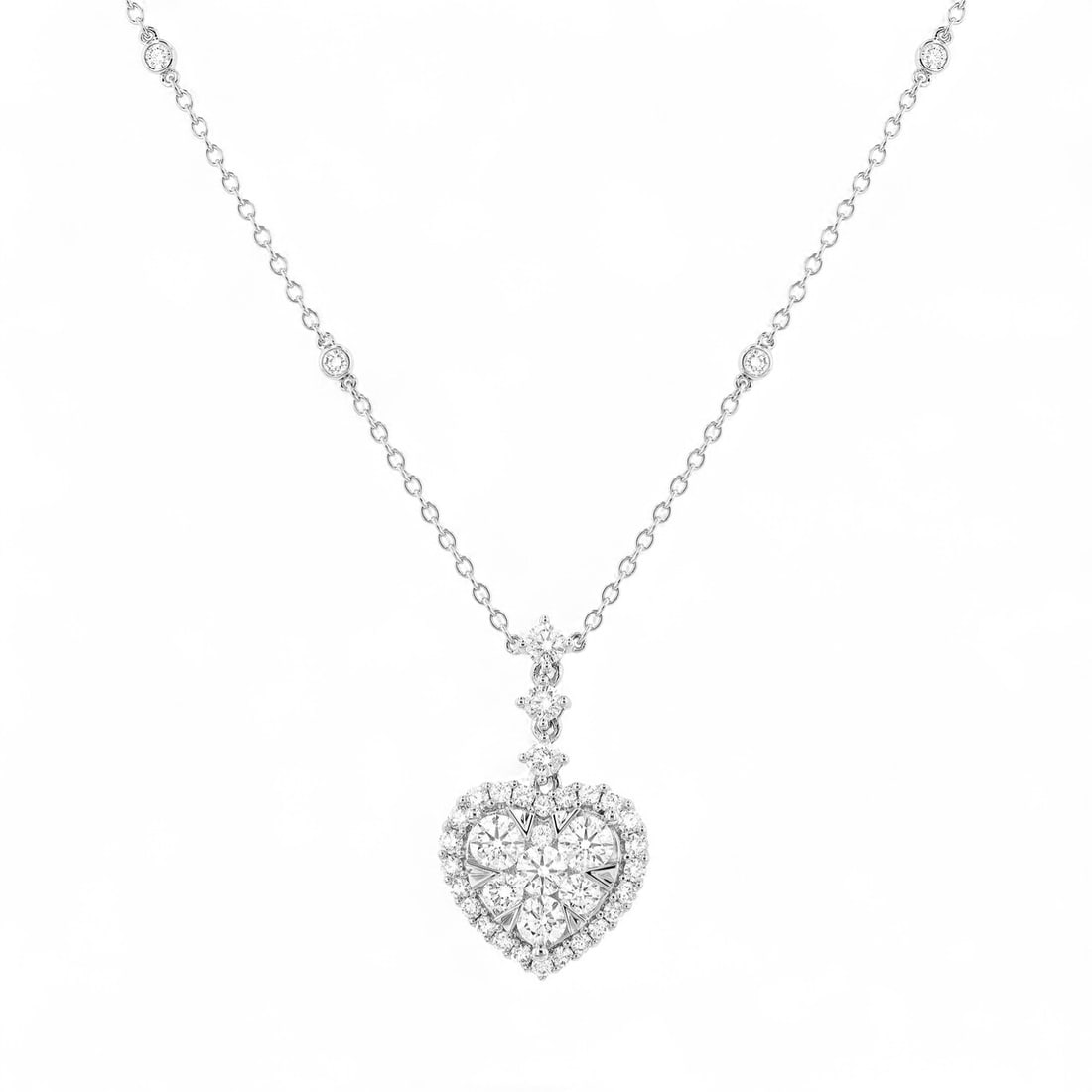 2.48 Ctw Fiori Heart Drop Cluster White Diamond Modern 18K White Gold Necklace - Certified: Timeless and sophisticated, this magnificent Fiori Heart Drop Cluster necklace featuring Natural Diamonds radiates enduring beauty. The gemstones are nestled within a Halo framework, supported by a su