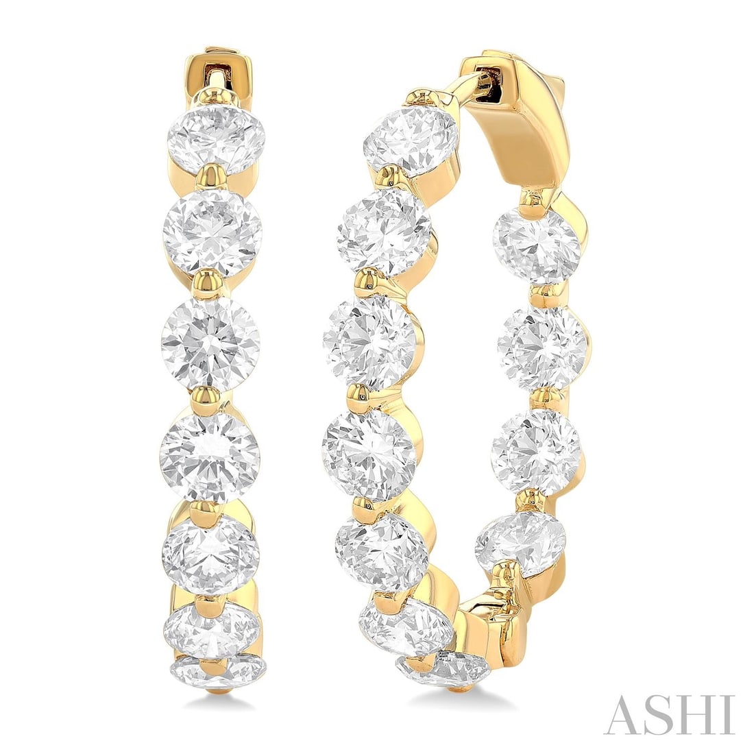 5.06 ctw Inside-Out Diamond Hoop Earrings 14K Yellow Gold: An exquisite masterpiece of haute joaillerie, this magnificent Inside-Out Single Prong Set pair of earrings featuring White Diamond is a true treasure. Crafted with precision, the Inside-Out Hoop sett