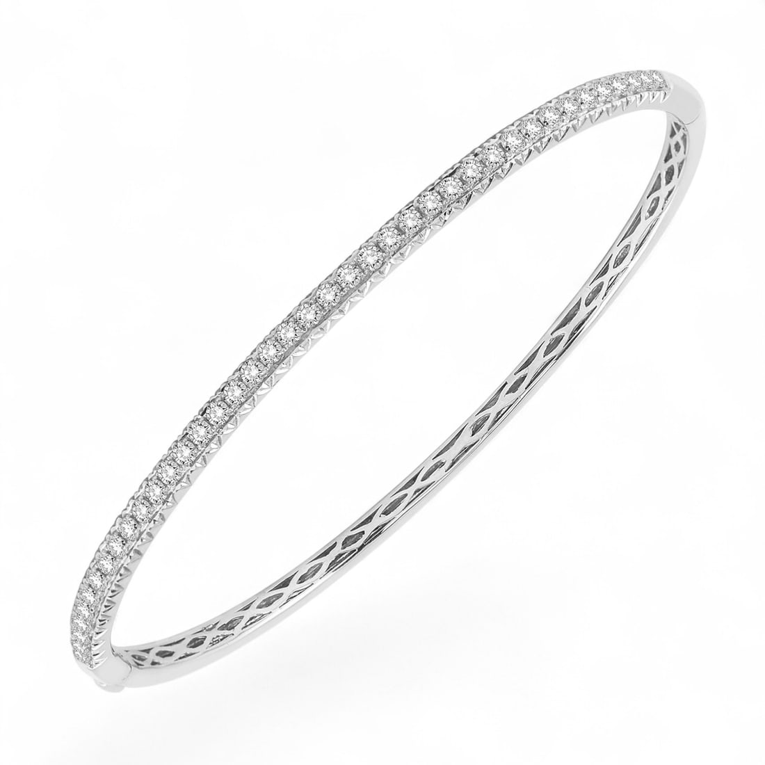 1.0 Ctw Stackable Round Cut Diamond Modern 14K White Gold Bangle - Certified: A testament to superior craftsmanship, this stunning Stackable bangle featuring Natural Diamonds is unparalleled. Showcasing the gems in a Pave arrangement, the bangle consists of 9.5 grams of 14K Whi