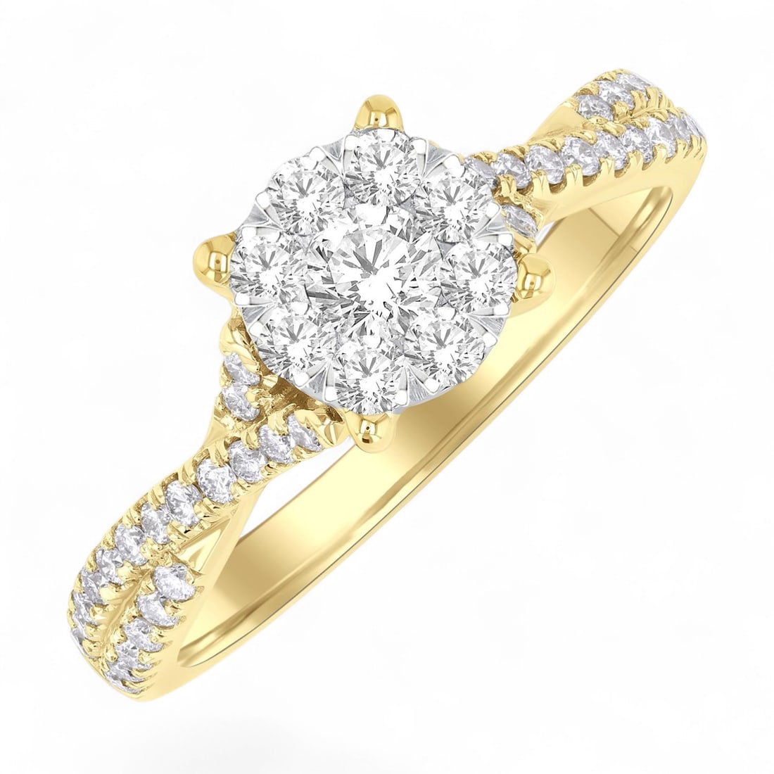 0.71 Ctw Cluster Split Criss Cross Engagement Diamond Modern 14K Yellow & White Gold Ring -: Epitomizing grandeur, this magnificent Cluster Split Criss Cross Engagement ring featuring Natural Diamonds stands as a beacon of refined taste. Crafted with precision, the Cluster setting is seamless