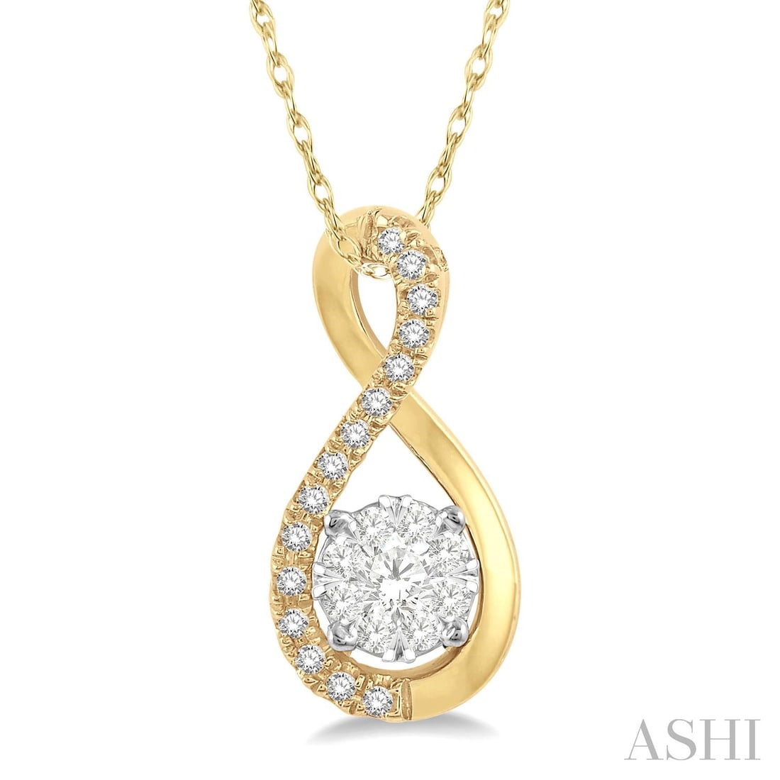 0.22 ctw Diamond Twisted Loop Cluster 14K Yellow and White Gold Pendant: Captured in a moment of brilliance, this exquisite Twisted Loop Cluster pendant featuring White Diamond speaks to the connoisseur. Expertly mounted in a Cluster setting, the pendant is crafted in 1.3 